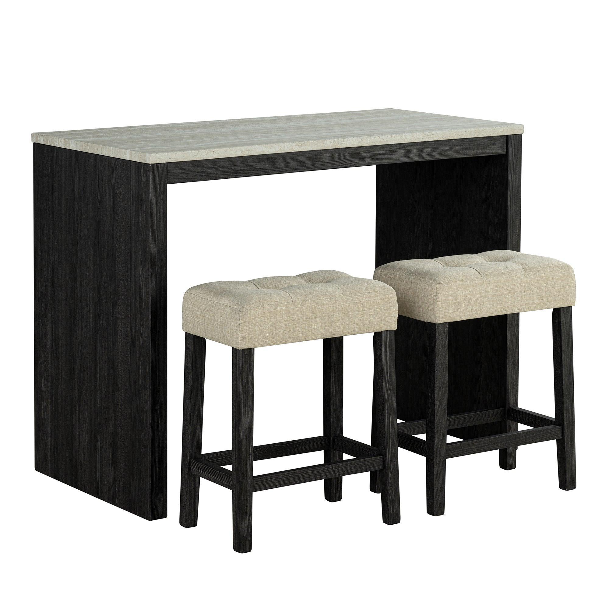 48" Modern Breakfast Dining Table Set with 2 Stools and Travertine Top