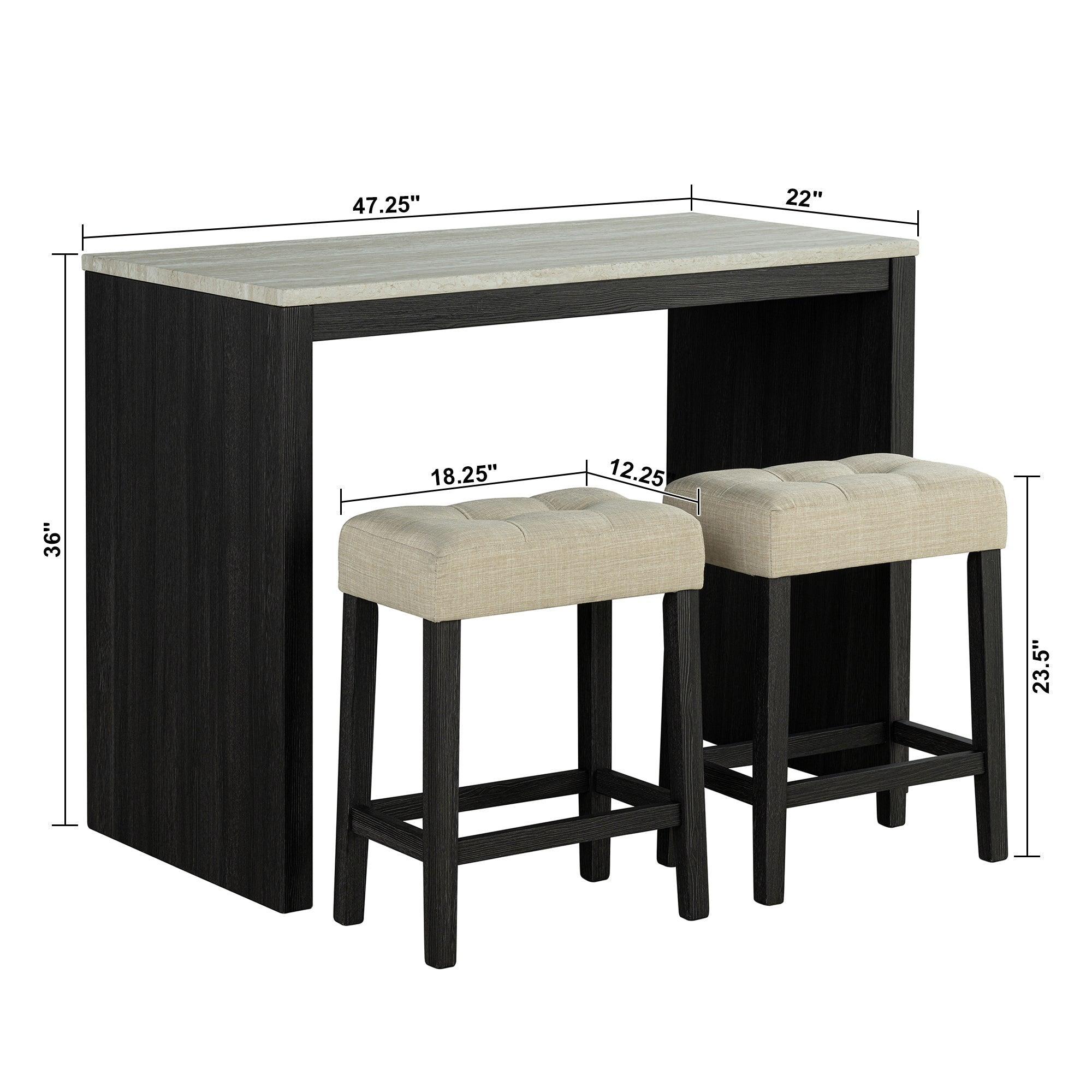 48" Modern Breakfast Dining Table Set with 2 Stools and Travertine Top