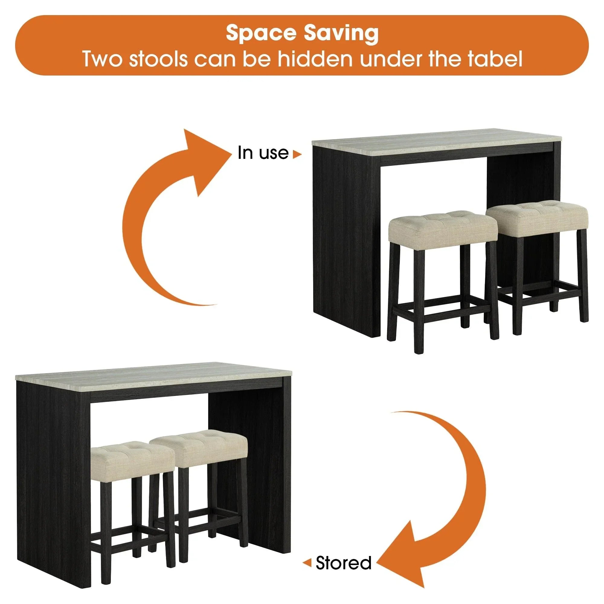 48" Modern Breakfast Dining Table Set with 2 Stools and Travertine Top