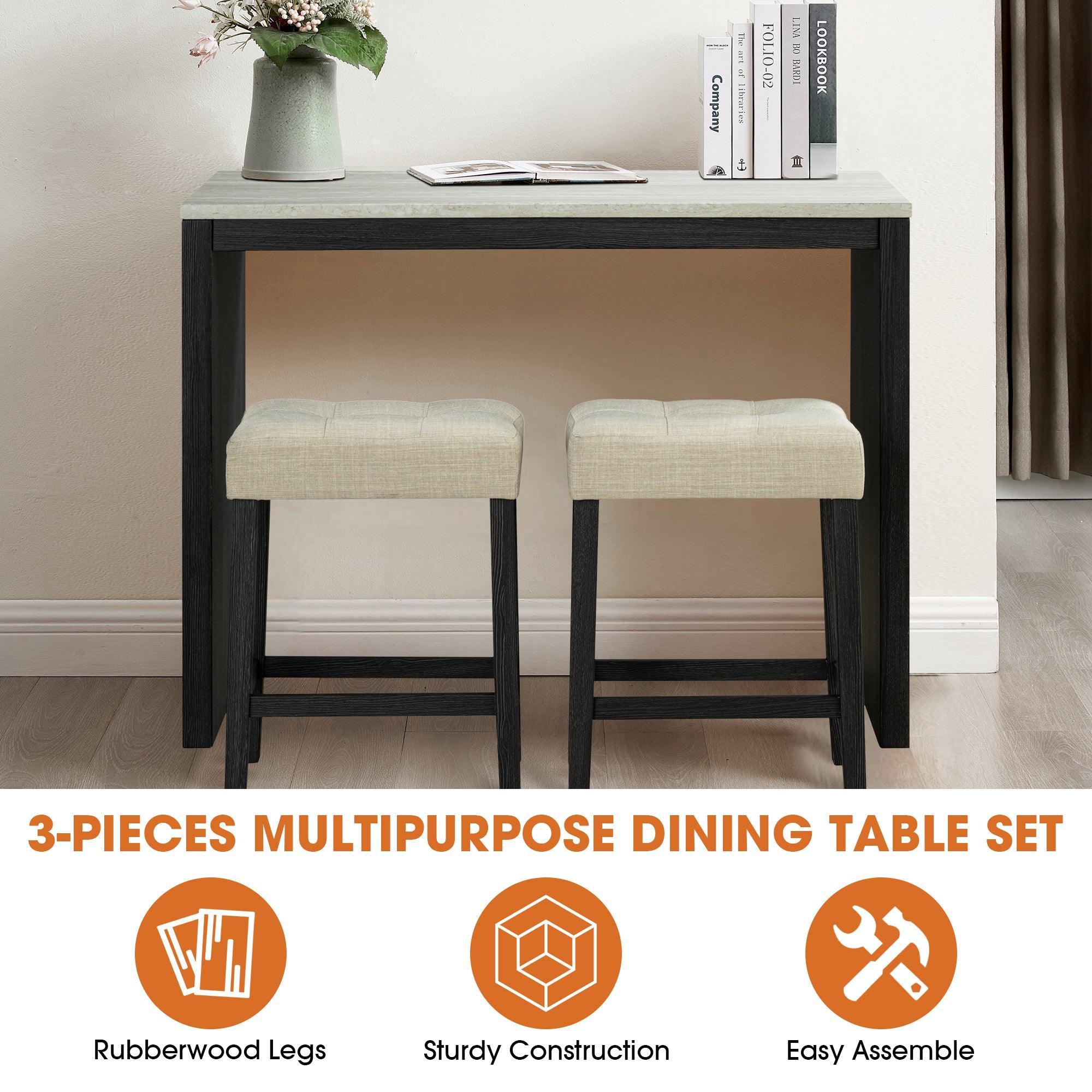 48" Modern Breakfast Dining Table Set with 2 Stools and Travertine Top