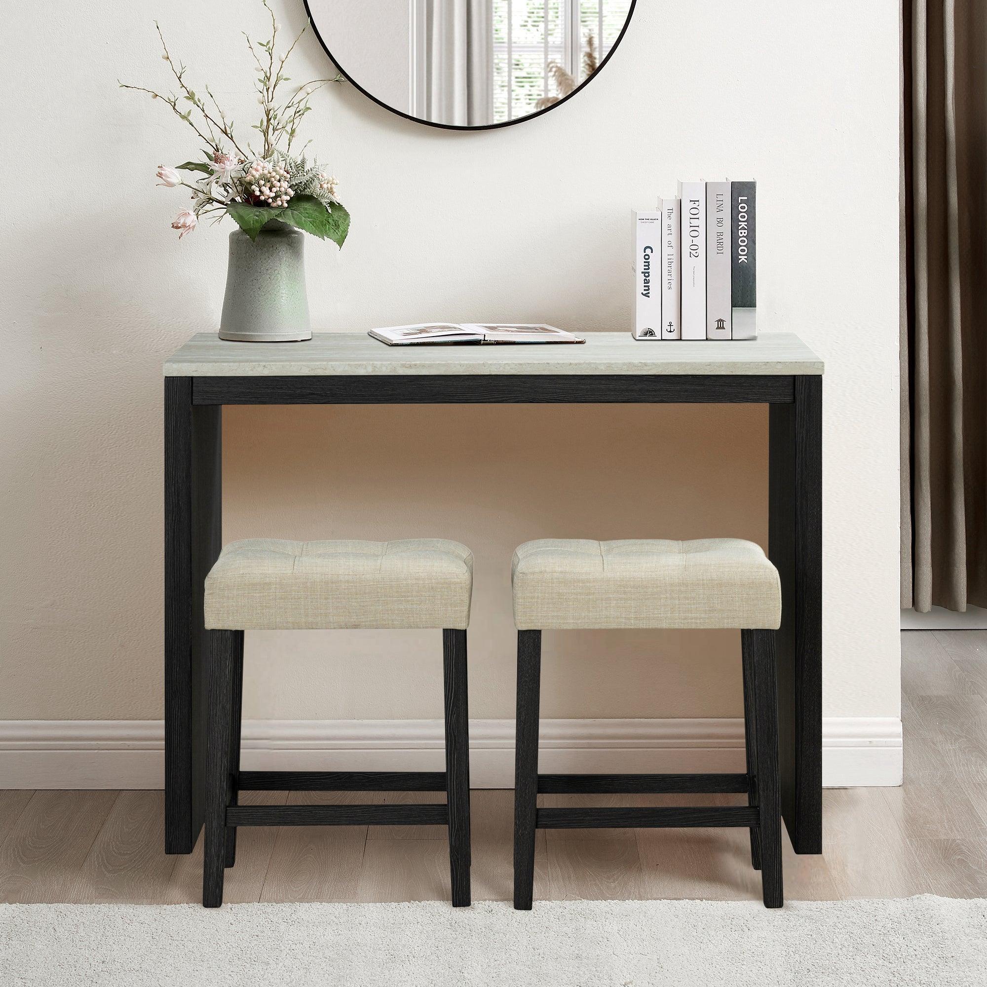 48" Modern Breakfast Dining Table Set with 2 Stools and Travertine Top