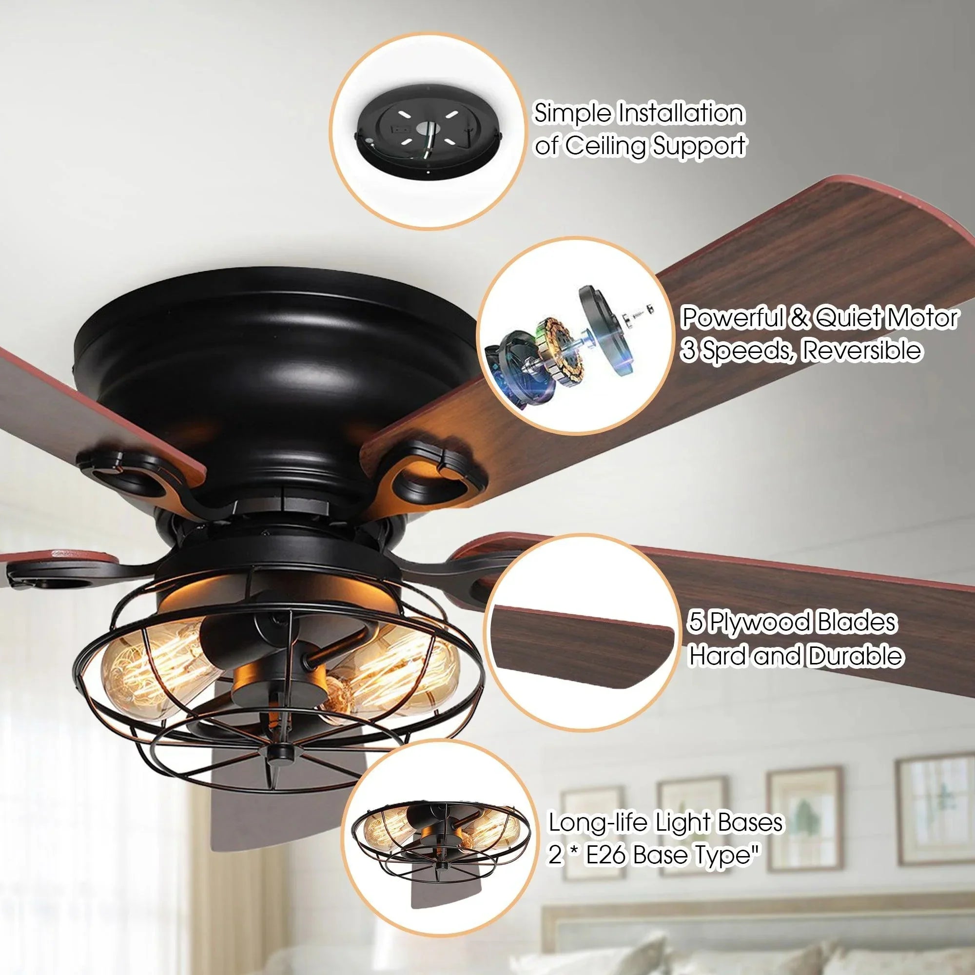 48" Ummuhan Industrial Ceiling Fan with Lighting - IPLUS Lighting