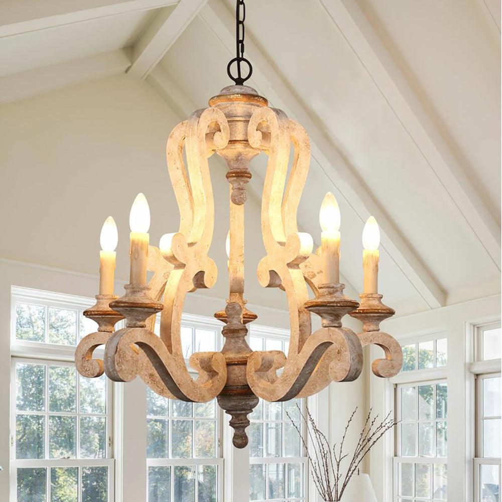 5-Lights Antique Wooden Candle Chandelier - ParrotUncle