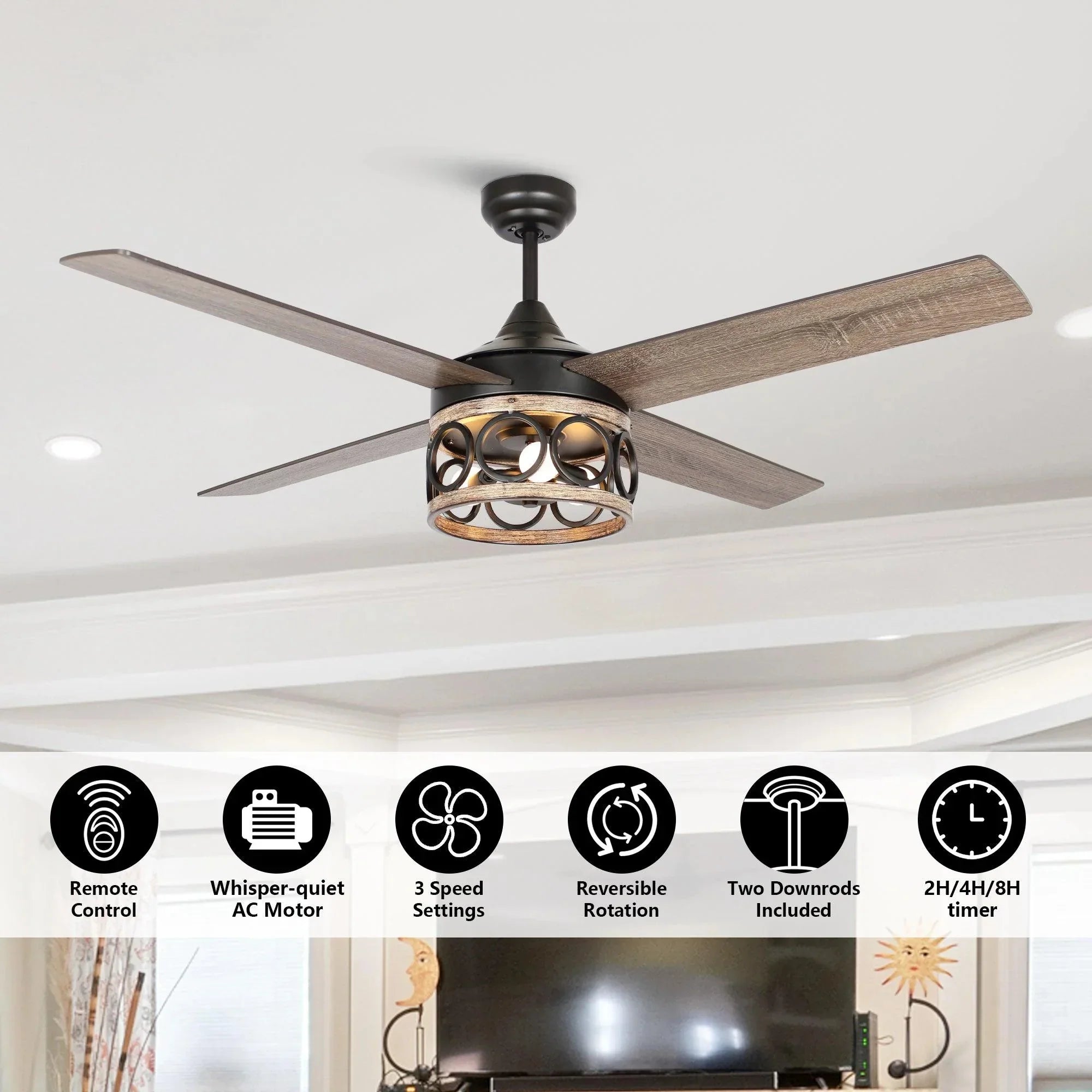 52" Kashmir Farmhouse Reversible Ceiling Fan - IPLUS Lighting