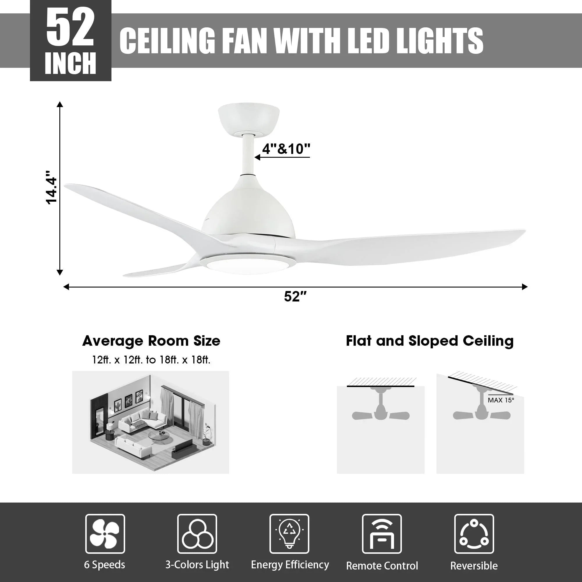 52" Modern 3 Blades Ceiling Fan