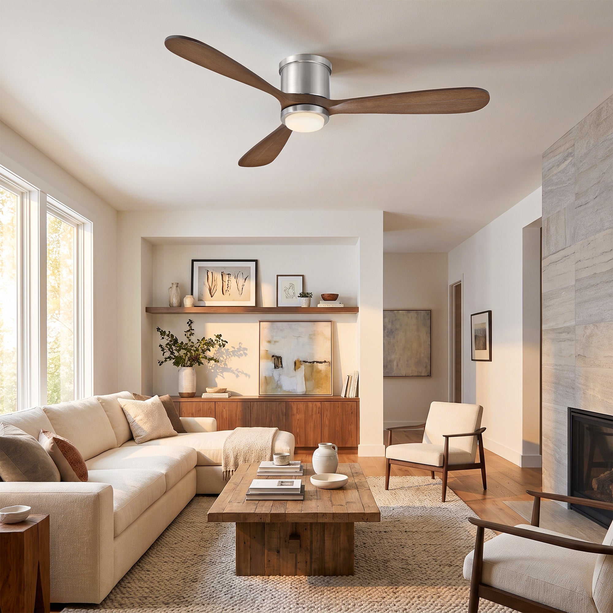 52" Mayna Flush Mount Ceiling Fan,Solid Wood Blades