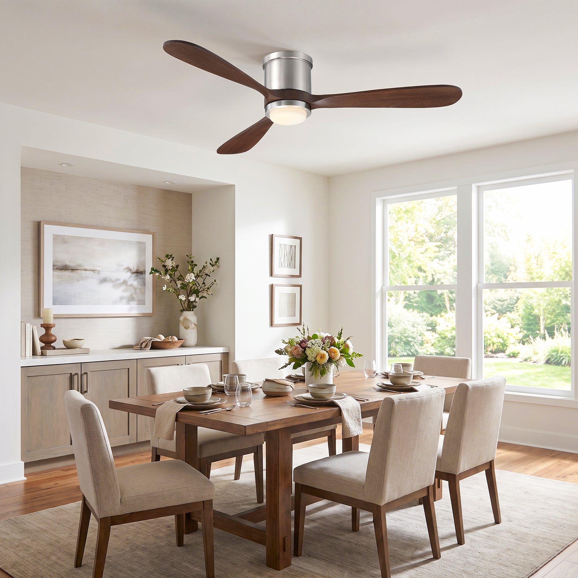 52" Mayna Flush Mount Ceiling Fan,Solid Wood Blades