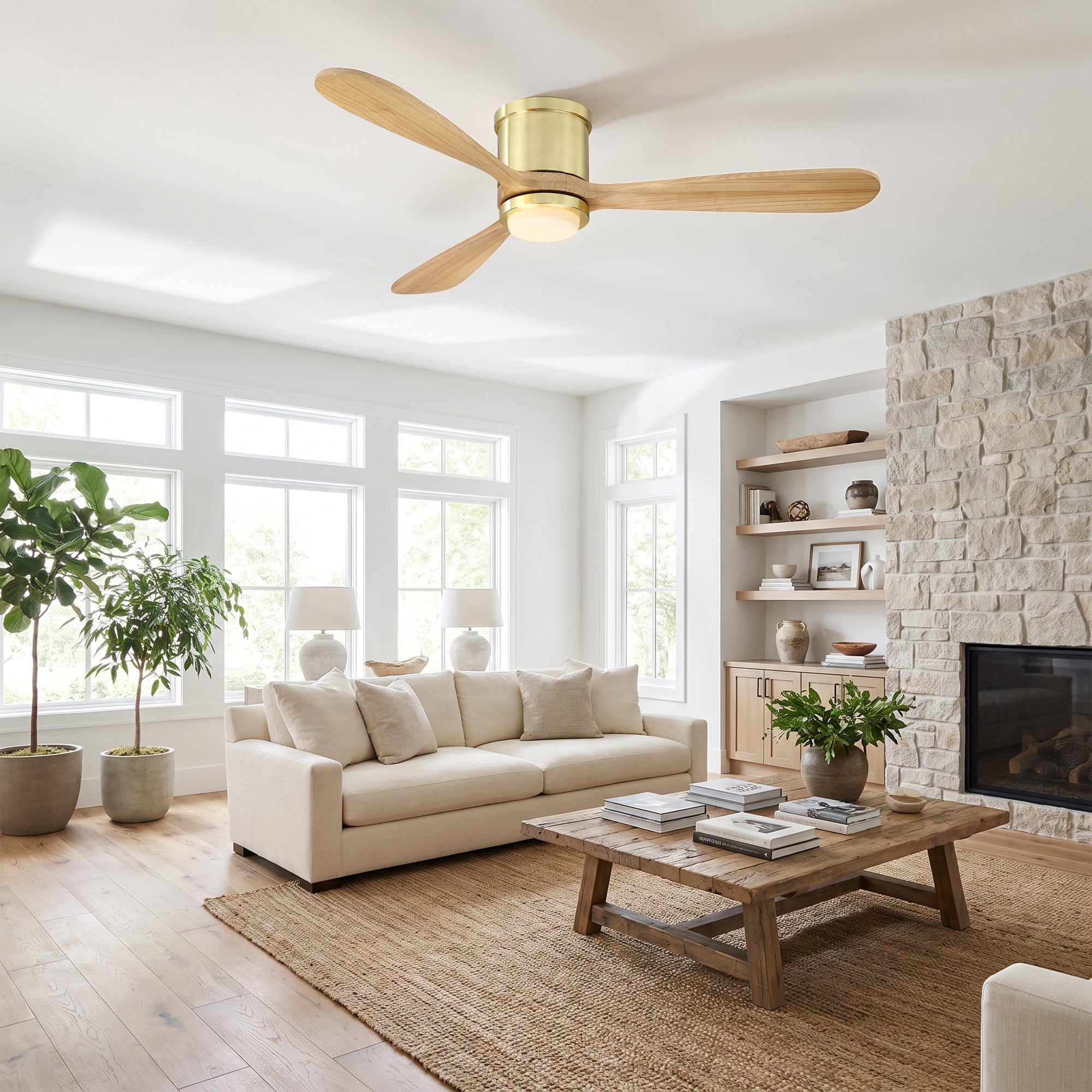 52" Mayna Flush Mount Ceiling Fan,Solid Wood Blades