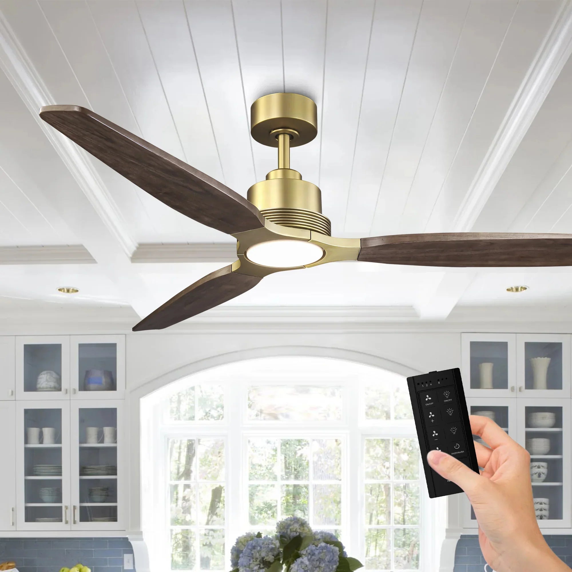 56 Inch Soft Brass LED Solid Wood Ceiling Fan - IPLUS Lighting