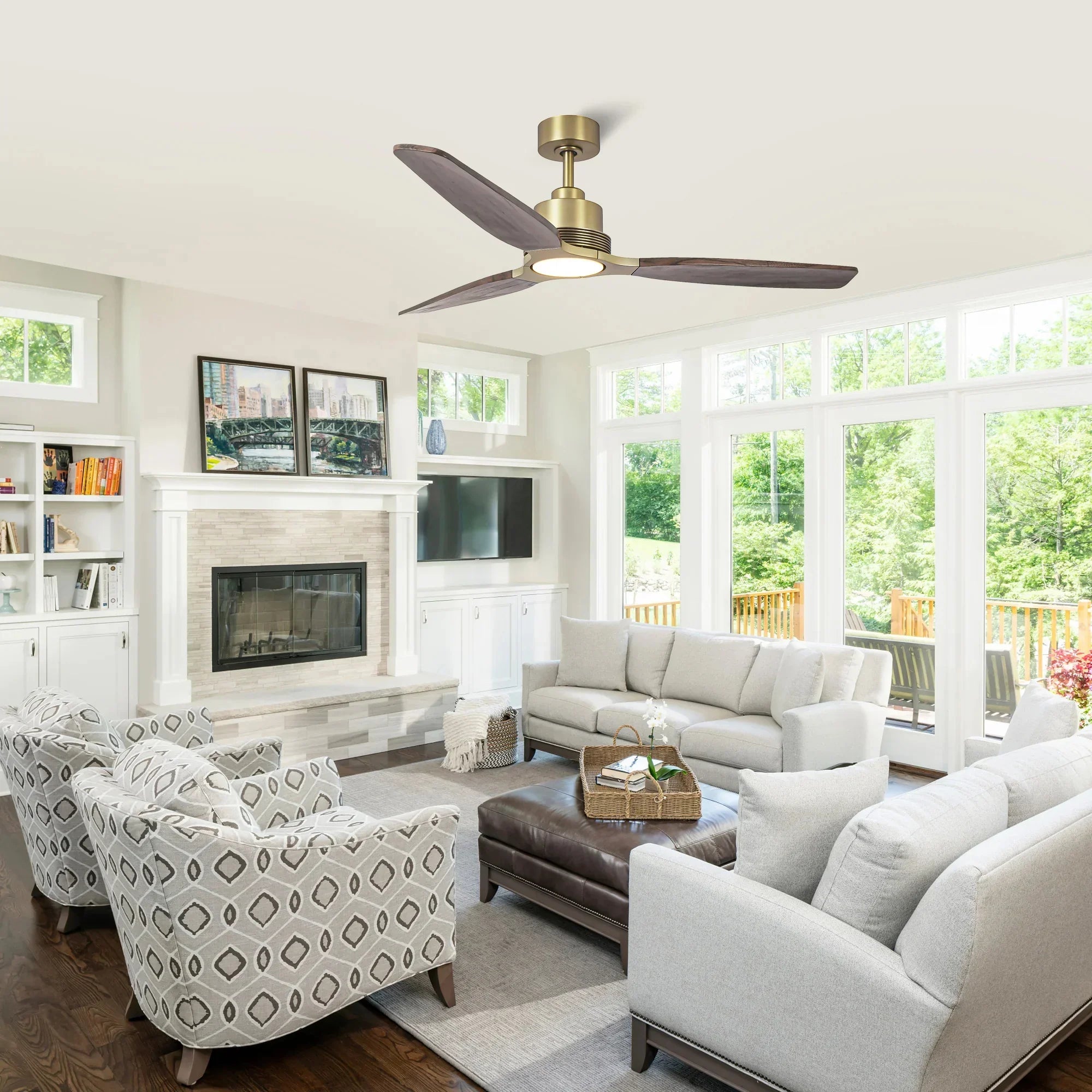 56 Inch Soft Brass LED Solid Wood Ceiling Fan - IPLUS Lighting