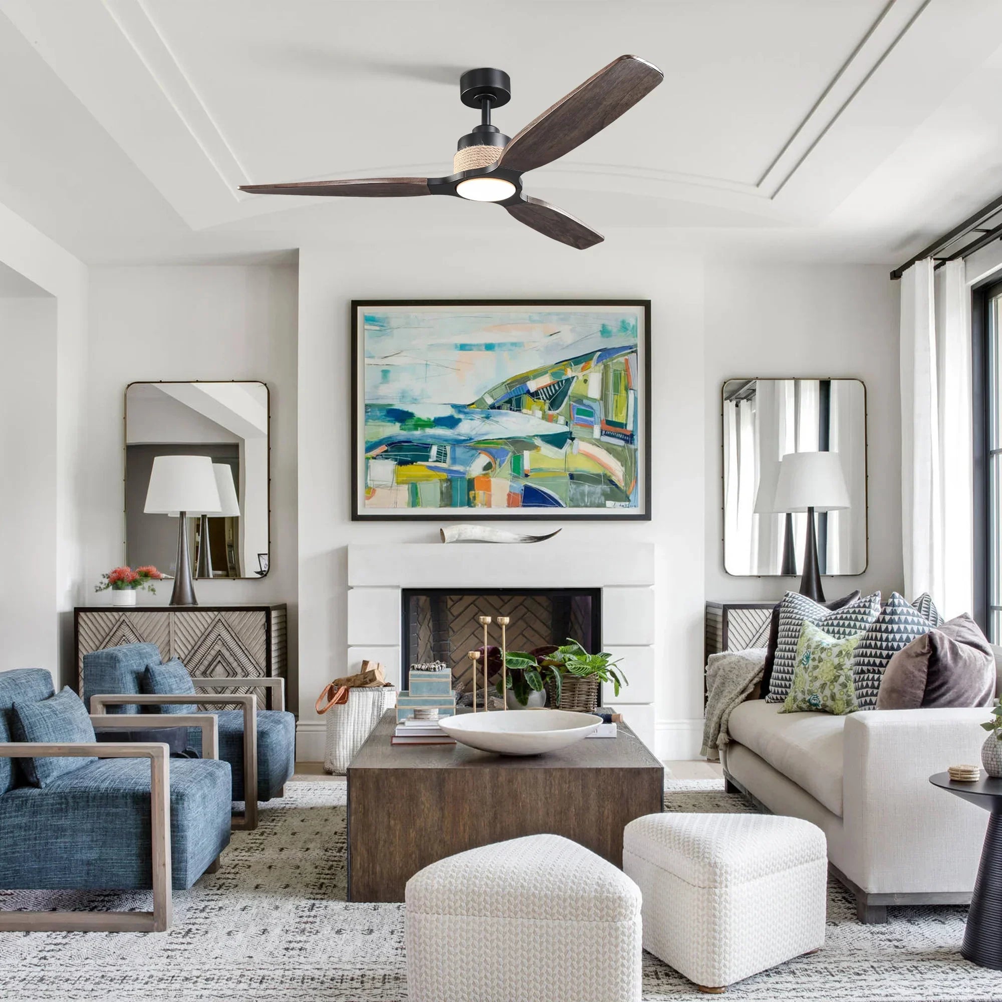 56 Inch Louise LED Wood Blades Ceiling Fan with Remote Control - IPLUS Lighting