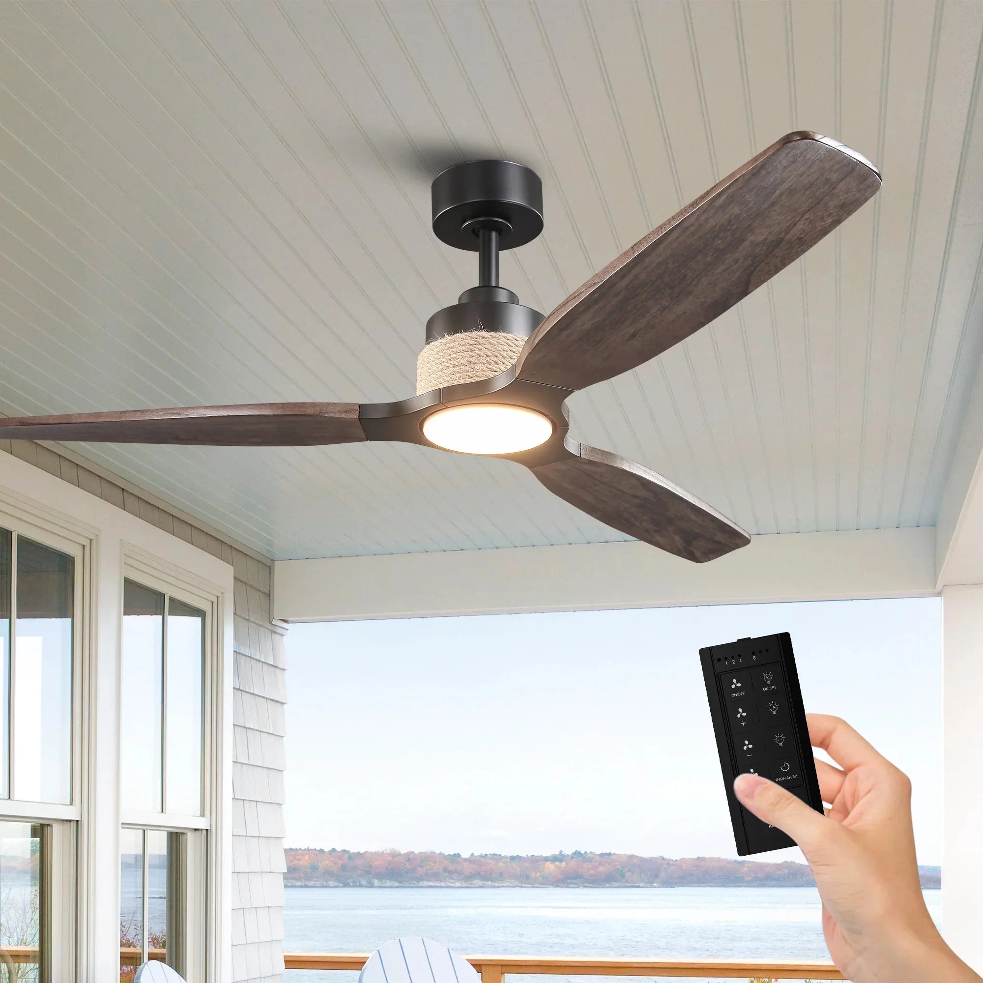 56 Inch Louise LED Wood Blades Ceiling Fan with Remote Control - IPLUS Lighting