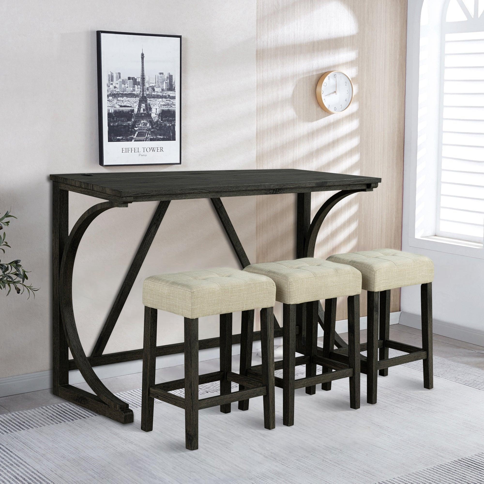 59" Rustic Dining & Bar Table Set with 3 Stools and USB Charging Ports