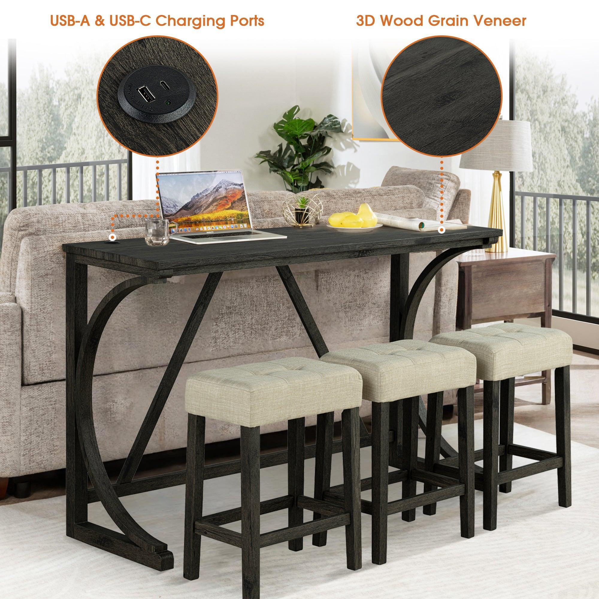 59" Rustic Dining & Bar Table Set with 3 Stools and USB Charging Ports