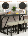 59" Rustic Dining & Bar Table Set with 3 Stools and USB Charging Ports