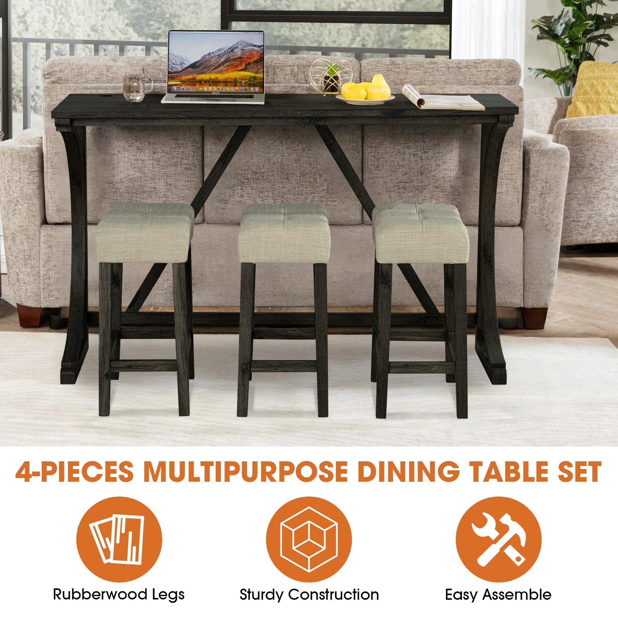 59" Rustic Dining &amp; Bar Table Set with 3 Stools and USB Charging Ports