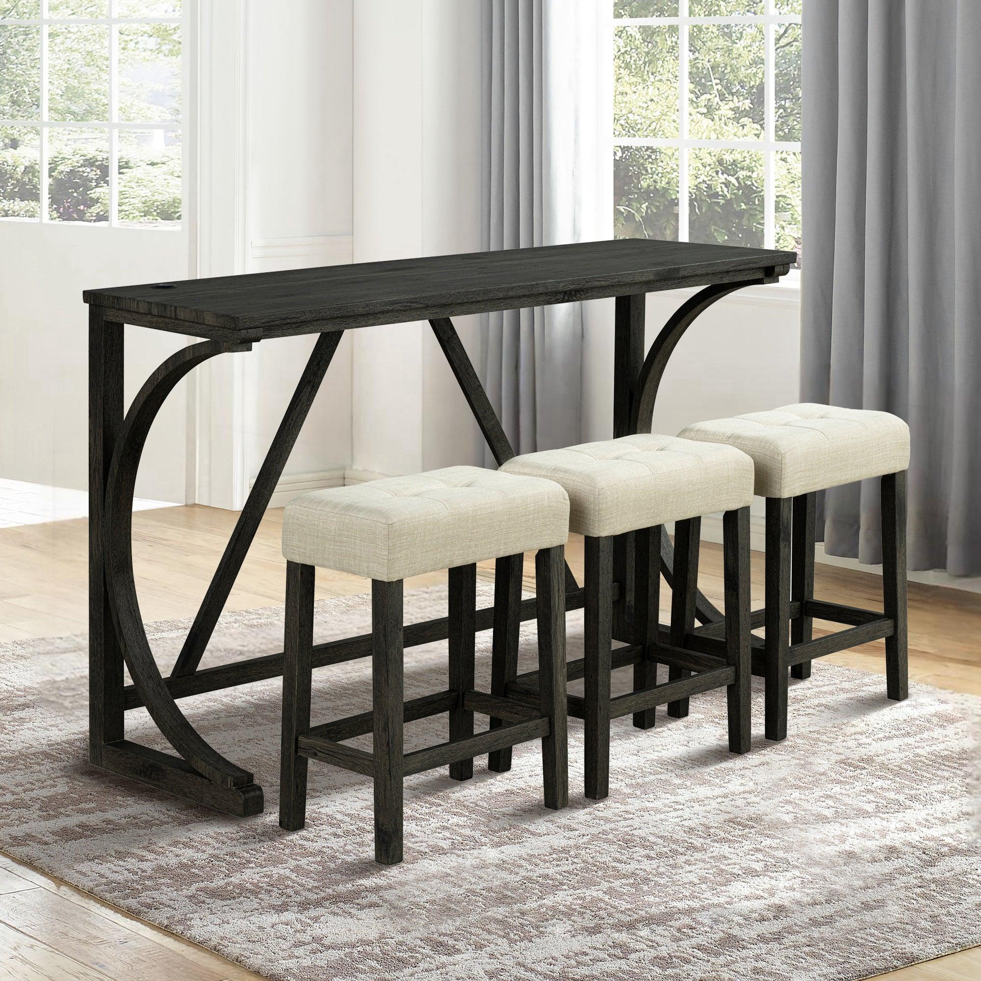 59" Rustic Dining & Bar Table Set with 3 Stools and USB Charging Ports