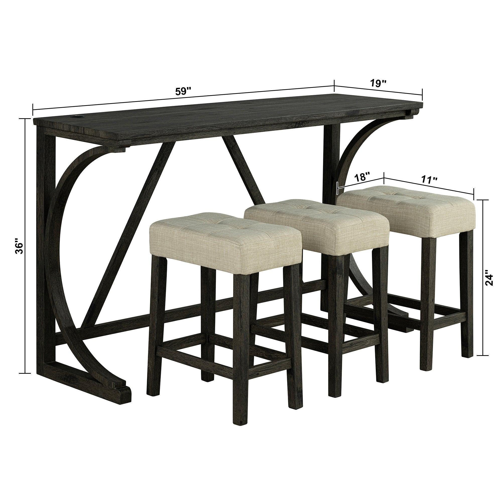 59" Rustic Dining &amp; Bar Table Set with 3 Stools and USB Charging Ports