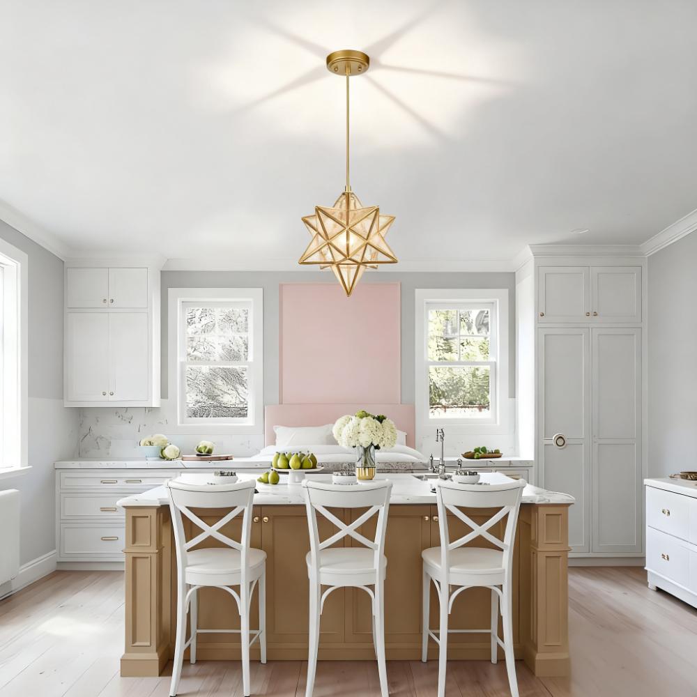 11-In Brass Moravian Star Pendant Light – Seeded Glass Shade