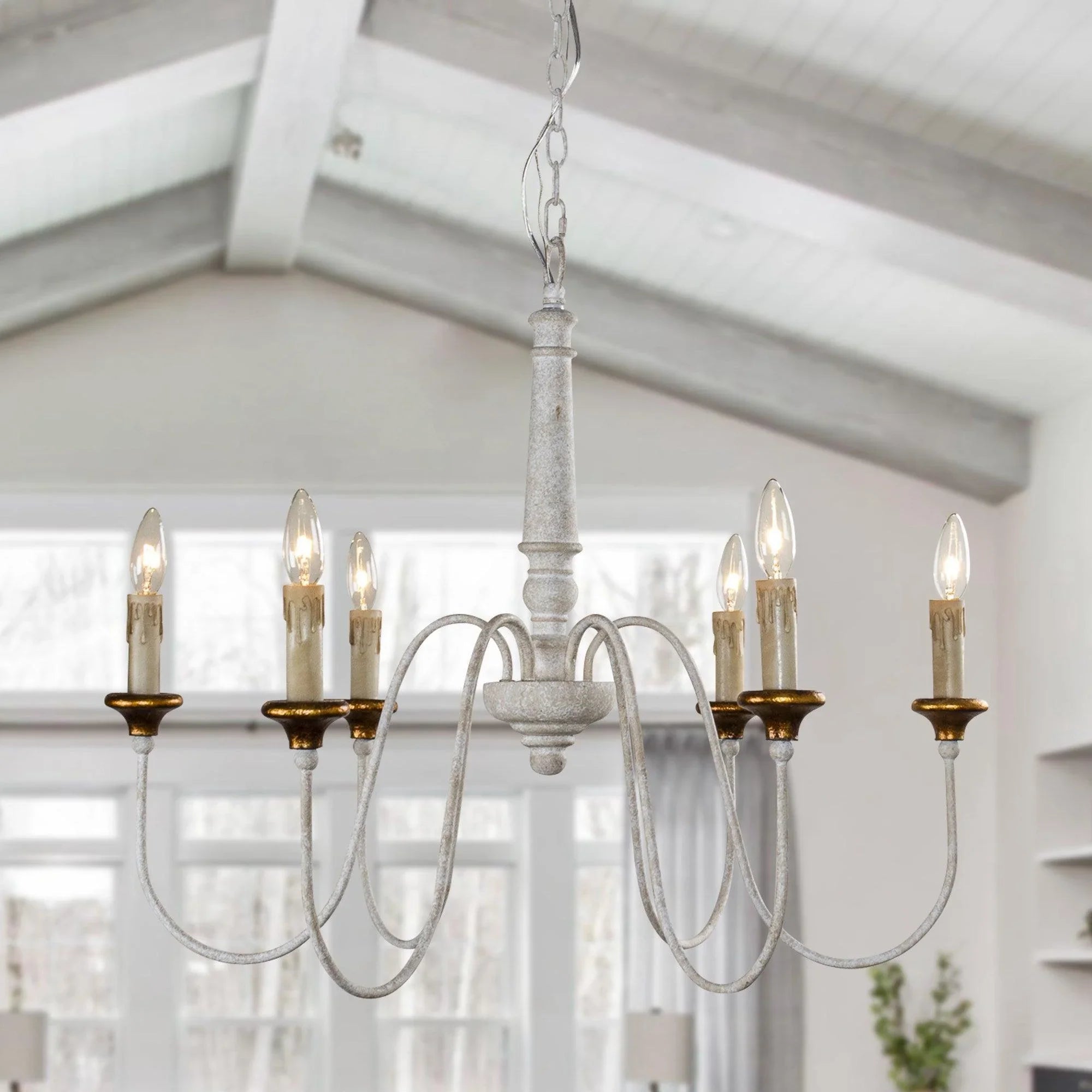 French Country 6 Light Candle Style Distressed Chandelier - IPLUS Lighting