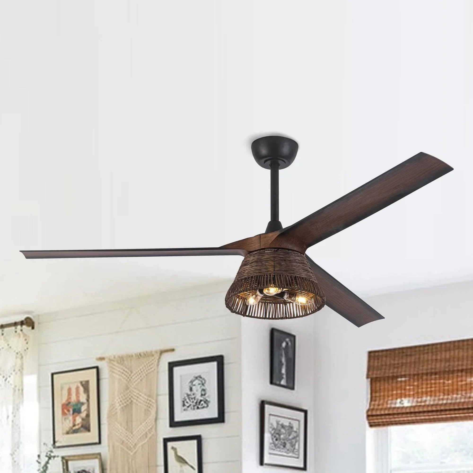 60" Farmhouse Rattan Downrod Mount Ceiling Fan - IPLUS Lighting