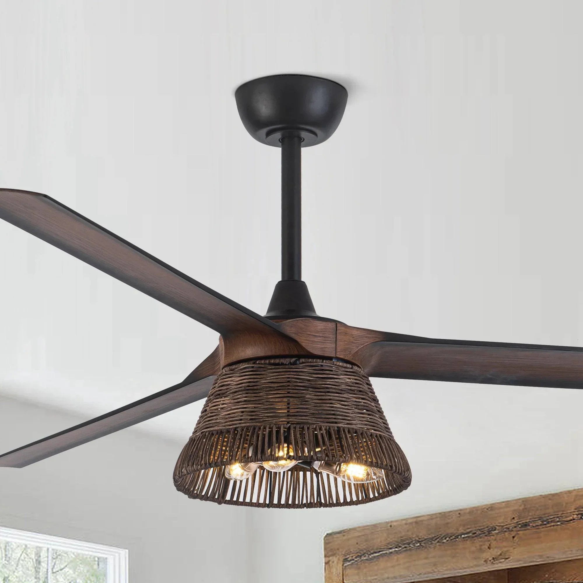 60" Farmhouse Rattan Downrod Mount Ceiling Fan - IPLUS Lighting