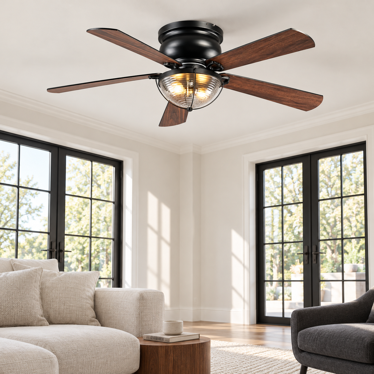 52" Rowan Modern Farmhouse Flush Mount Ceiling Fan with Light