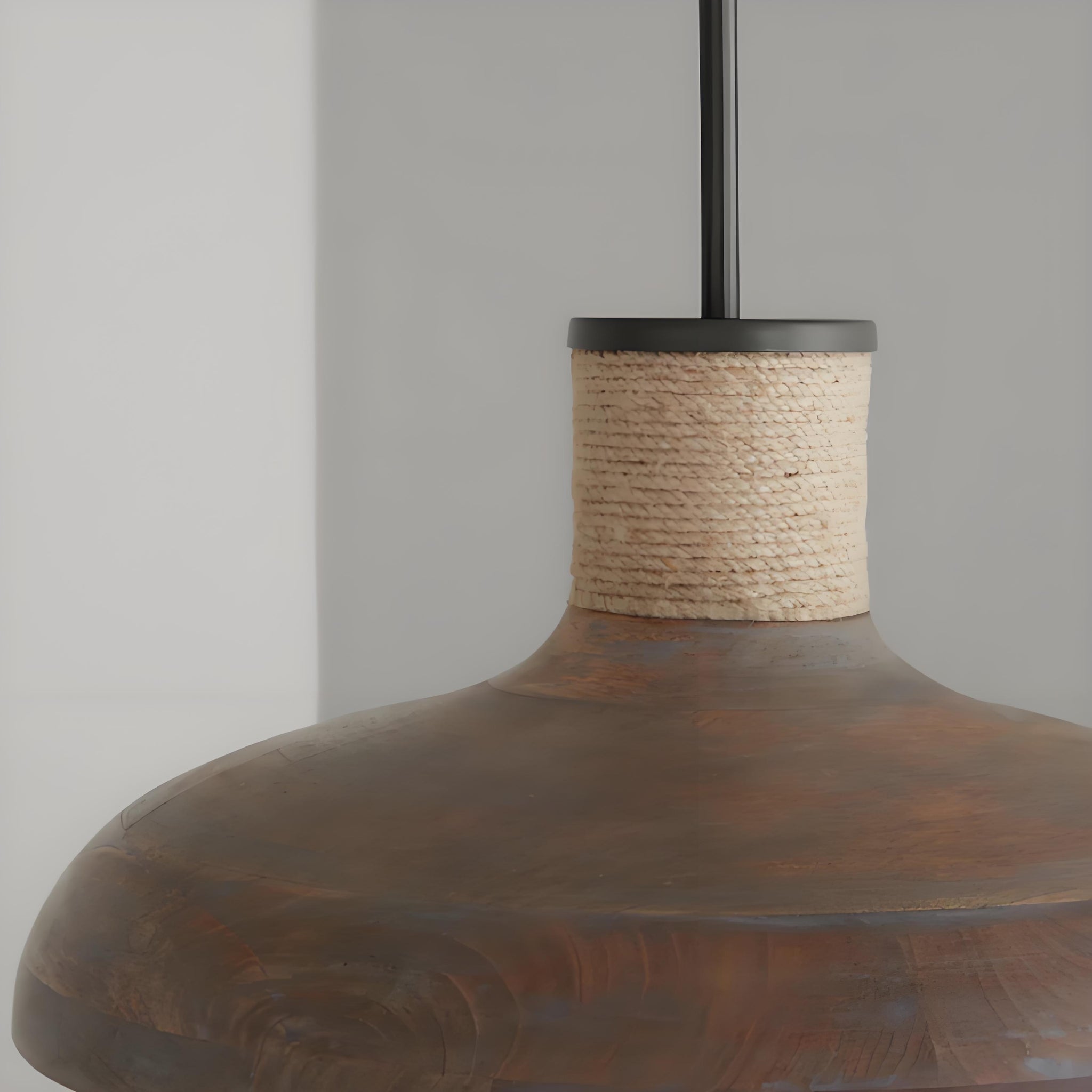 Rustic Industrial 1 - Light Wooden Pendant Light with Jute Rope Accent