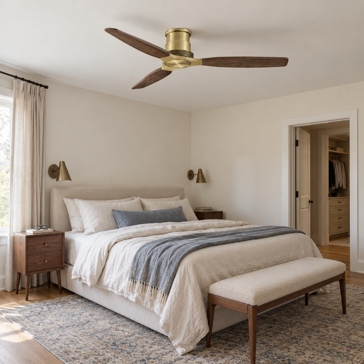 48" Louise Modern Soft Brass Flush Mount Ceiling Fan with Solid Wood Blades