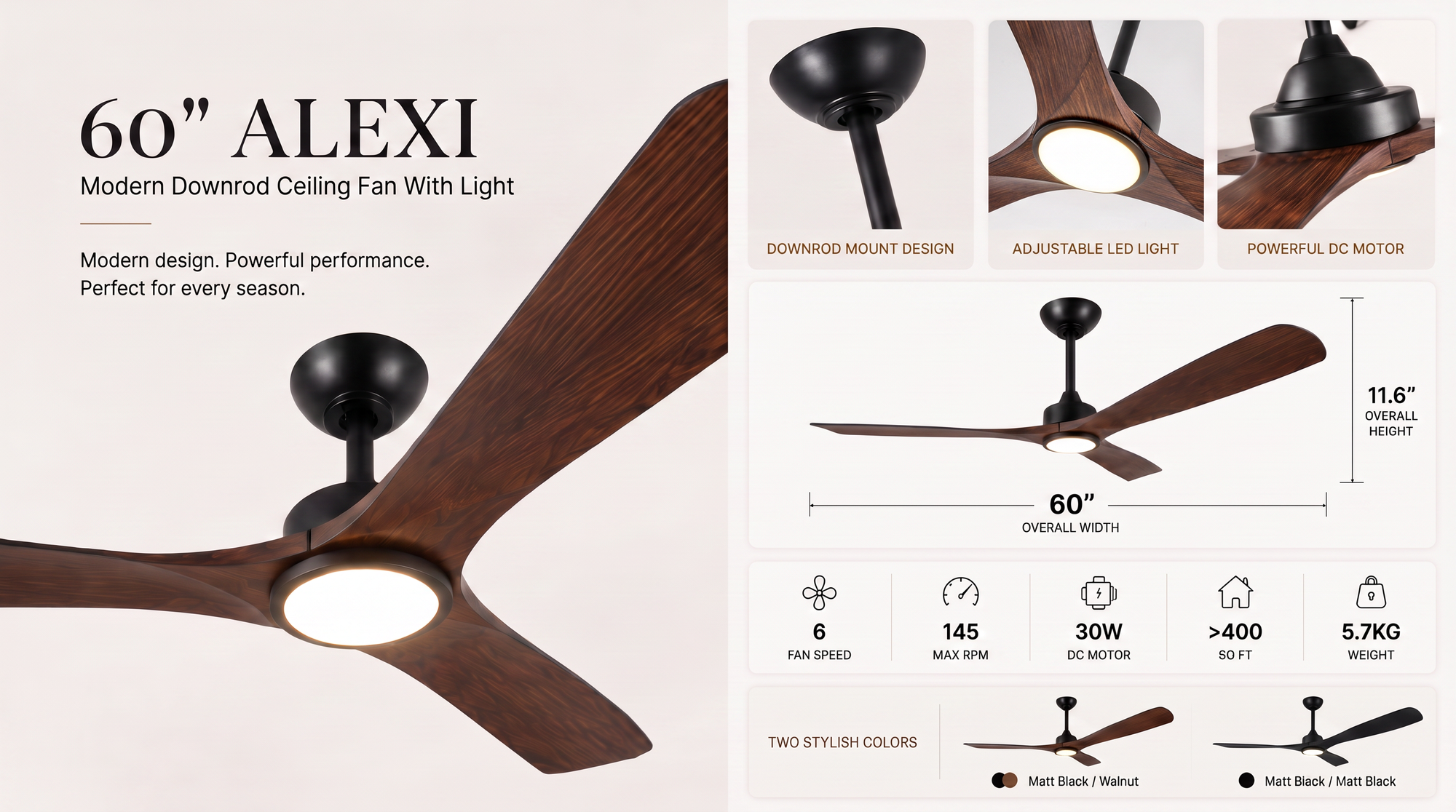 60 Inch Alexi Modern Downrod Ceiling Fan With Light