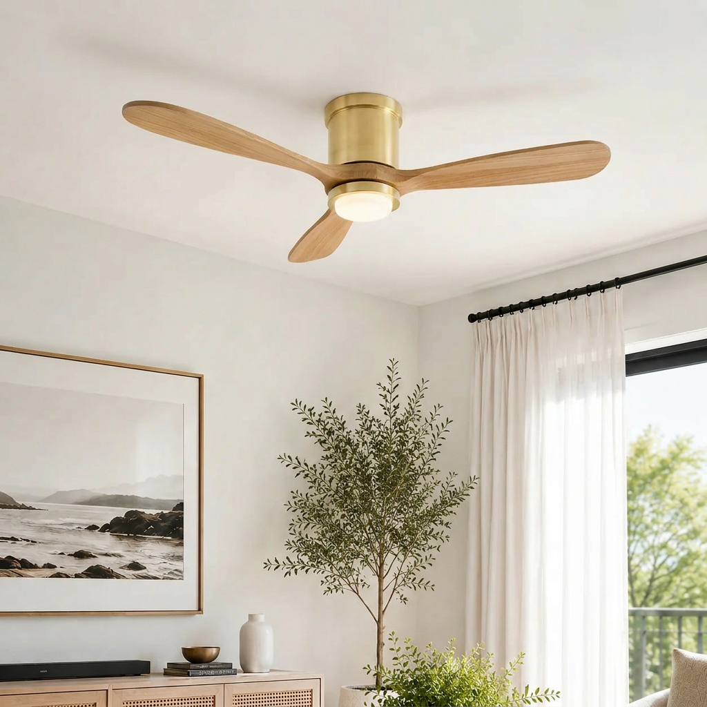 52" Mayna Flush Mount Ceiling Fan,Solid Wood Blades