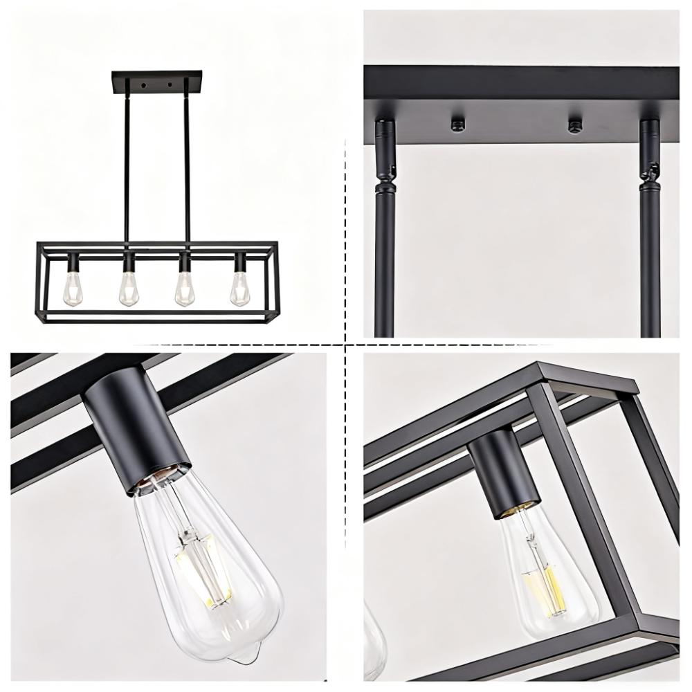 4 Light Modern Matte Black Linear Chandelier Rectangle Open Frame Ceiling Light