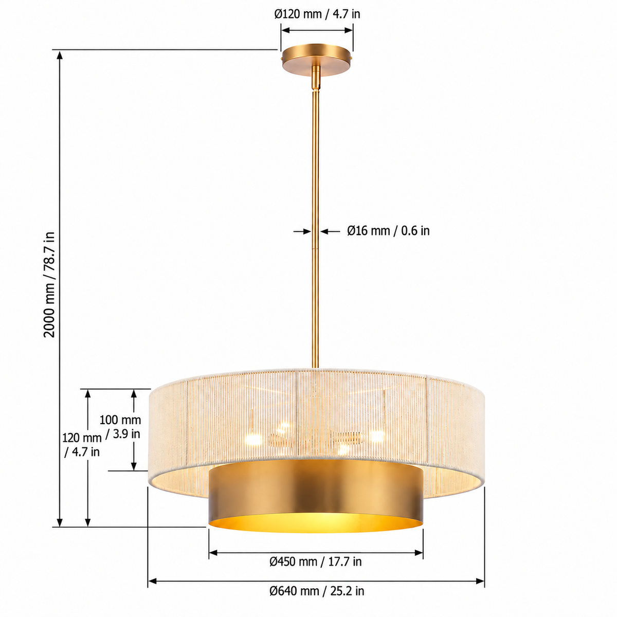 Solenne 5-Light Vintage Brass Chandelier with Cotton Rope Drum Shade
