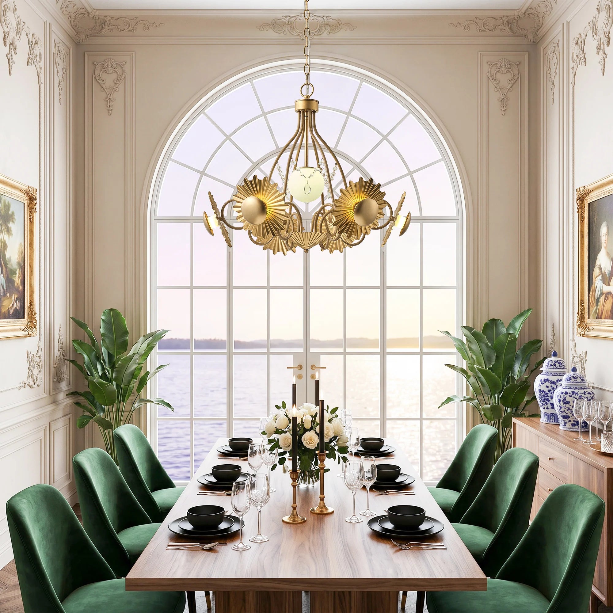 7-Light Botanical Chandelier with Gold Flower Petal Design