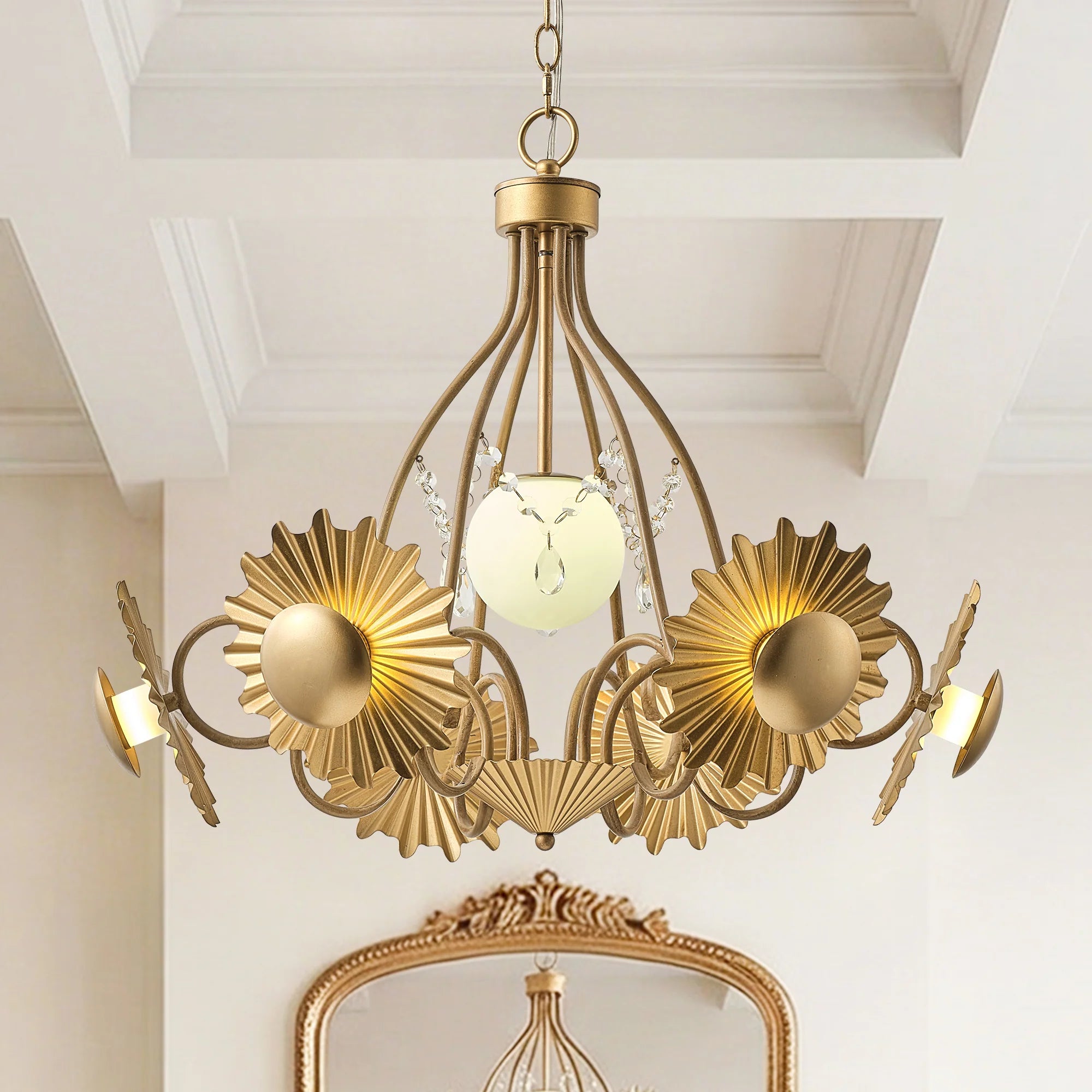 7-Light Botanical Chandelier with Gold Flower Petal Design