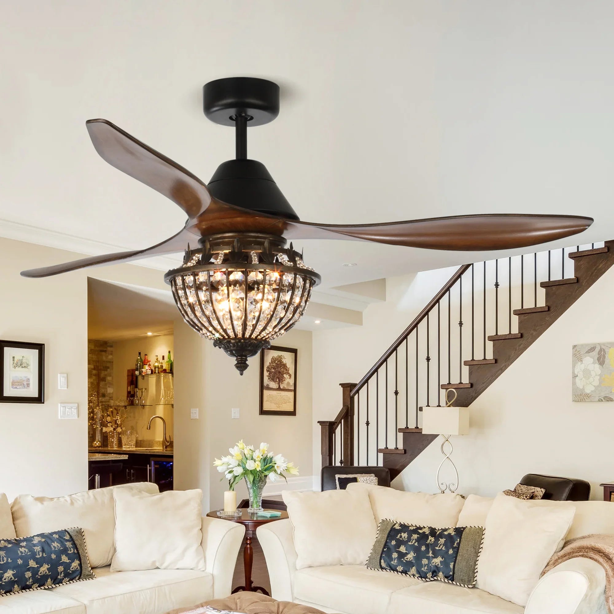 52" Vicky 3-Blade Rustic Crystal Ceiling Fan - IPLUS Lighting