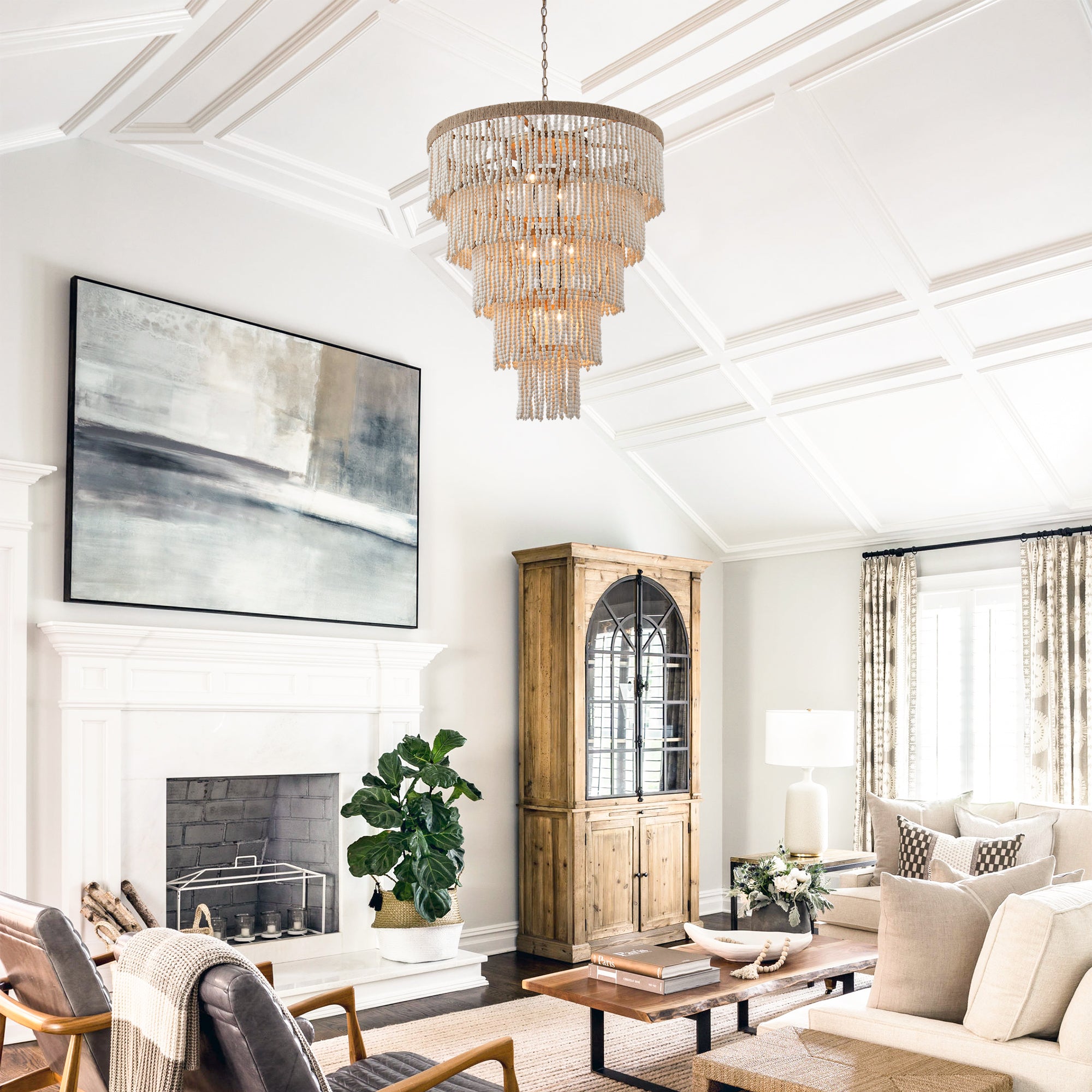 32 Inch Nelly 9 Light Bohemian Wood Beaded Chandelier