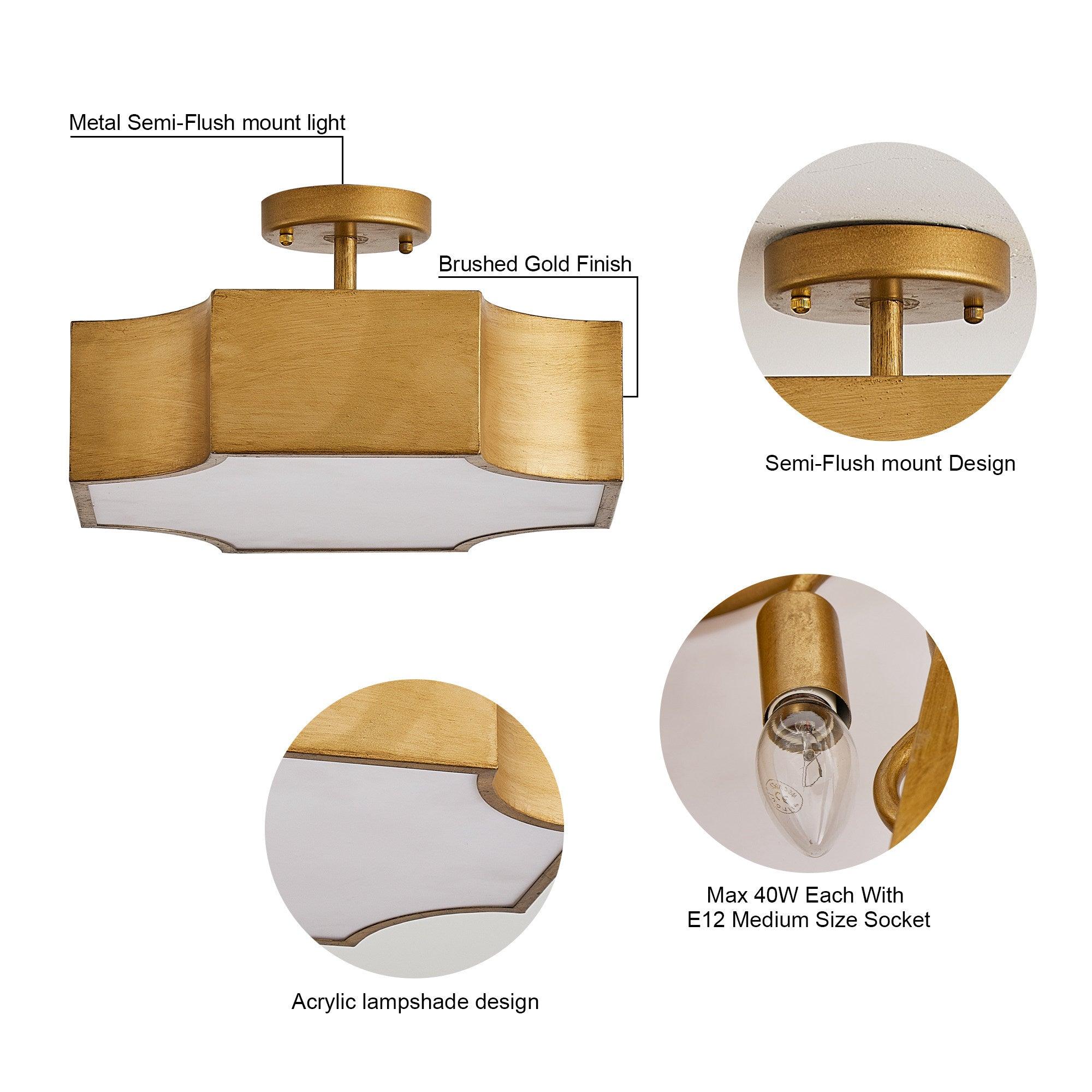 Vintage Golden 3-Light LED Semi Flush Mount Ceiling Light for Entrance Closet Kitchen