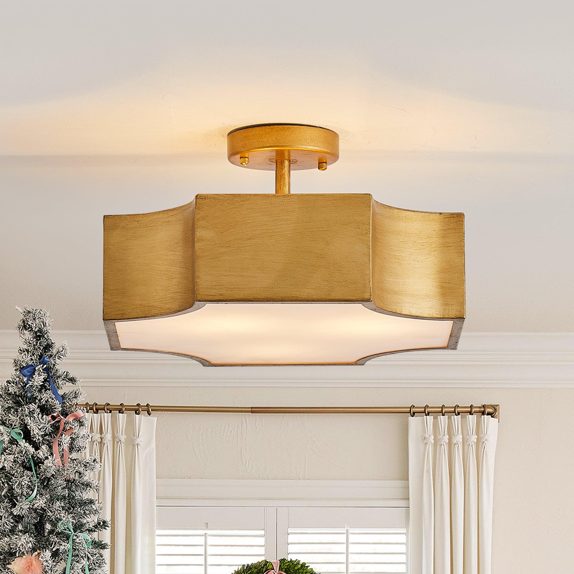 Vintage Golden 3-Light LED Semi Flush Mount Ceiling Light for Entrance Closet Kitchen