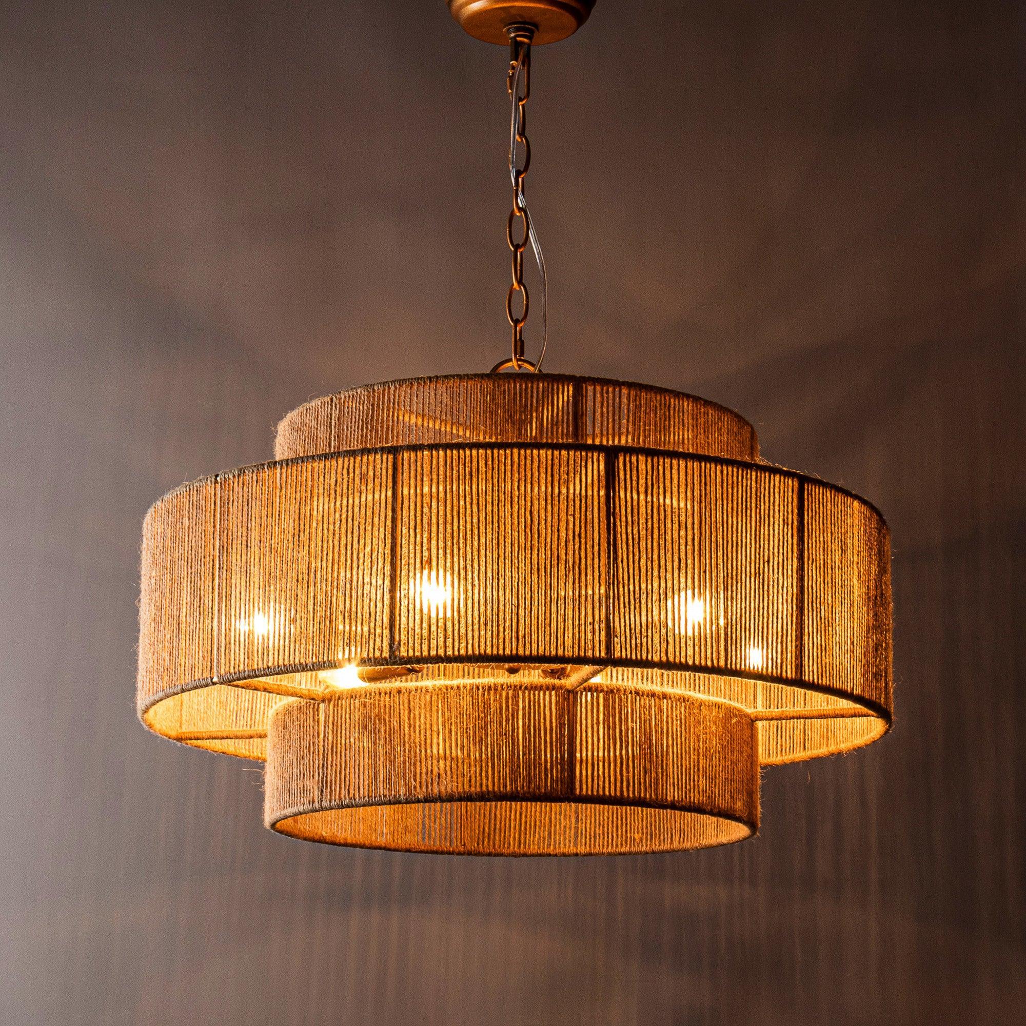 Bohemian Antique Gold 6-Light Drum Pendant Light with Natural Rope