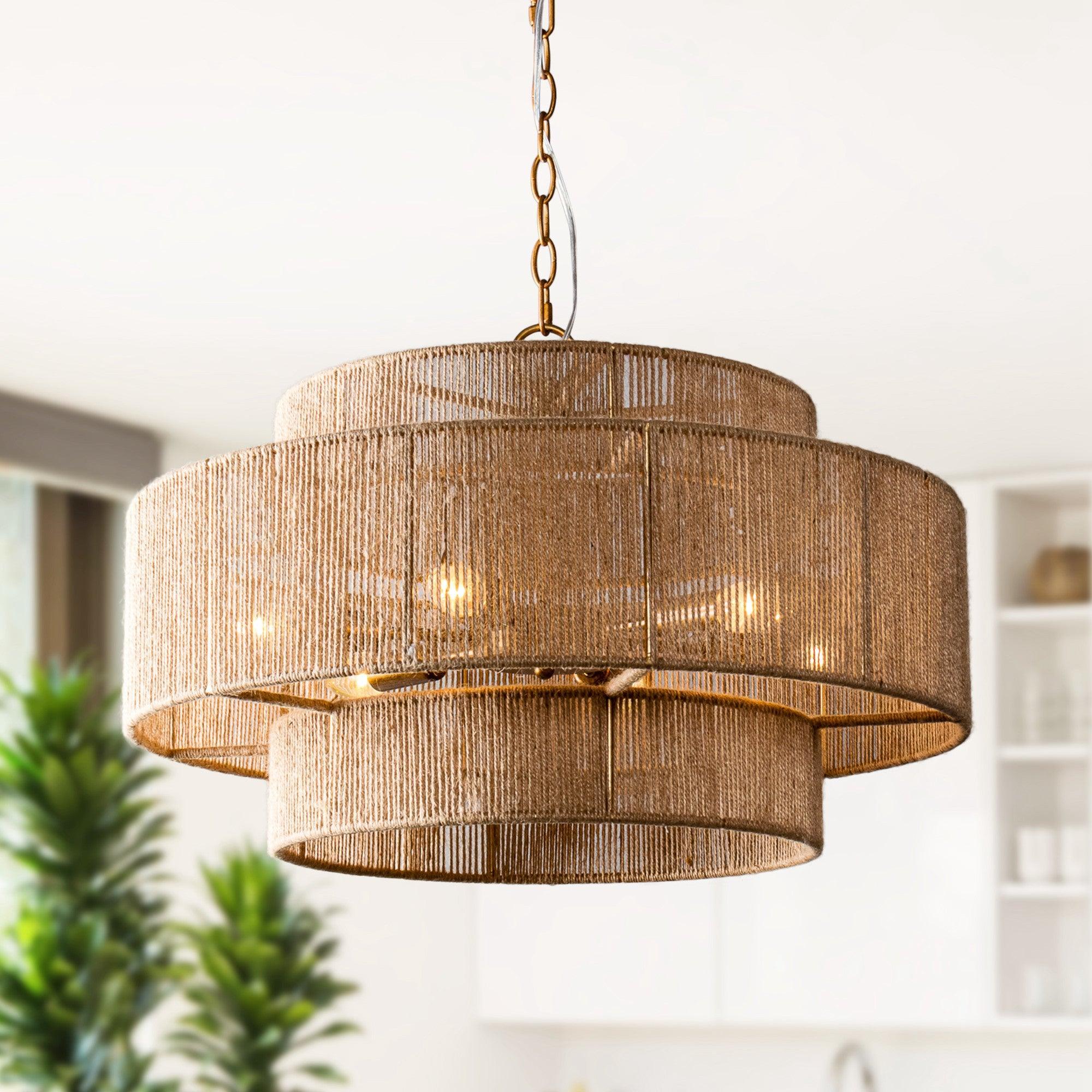 Bohemian Antique Gold 6-Light Drum Pendant Light with Natural Rope