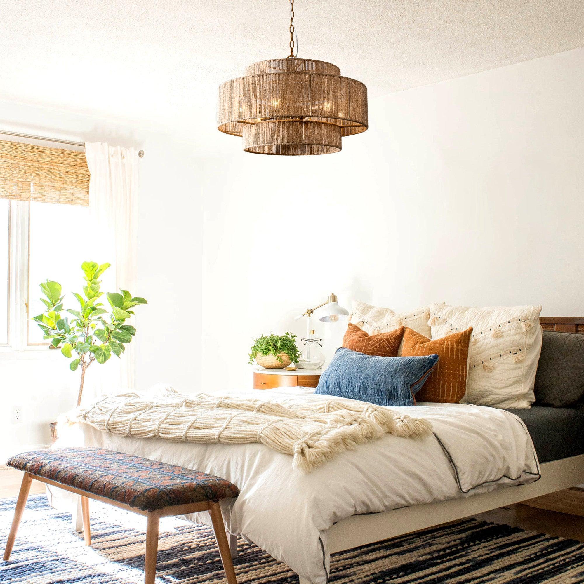 Bohemian Antique Gold 6-Light Drum Pendant Light with Natural Rope