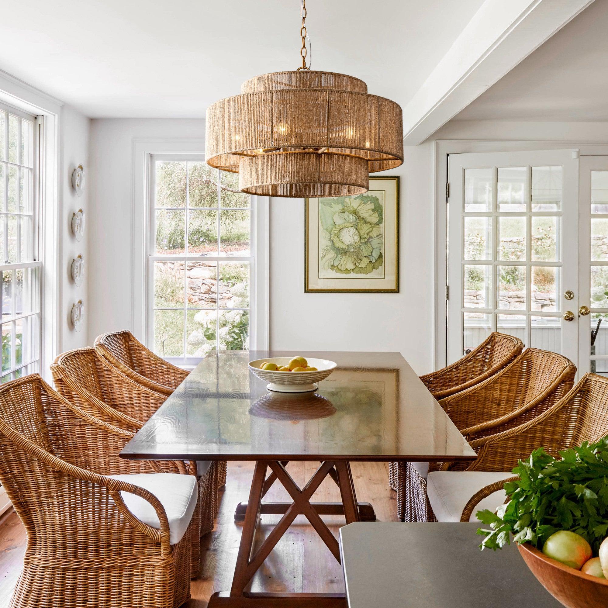 Bohemian Antique Gold 6-Light Drum Pendant Light with Natural Rope