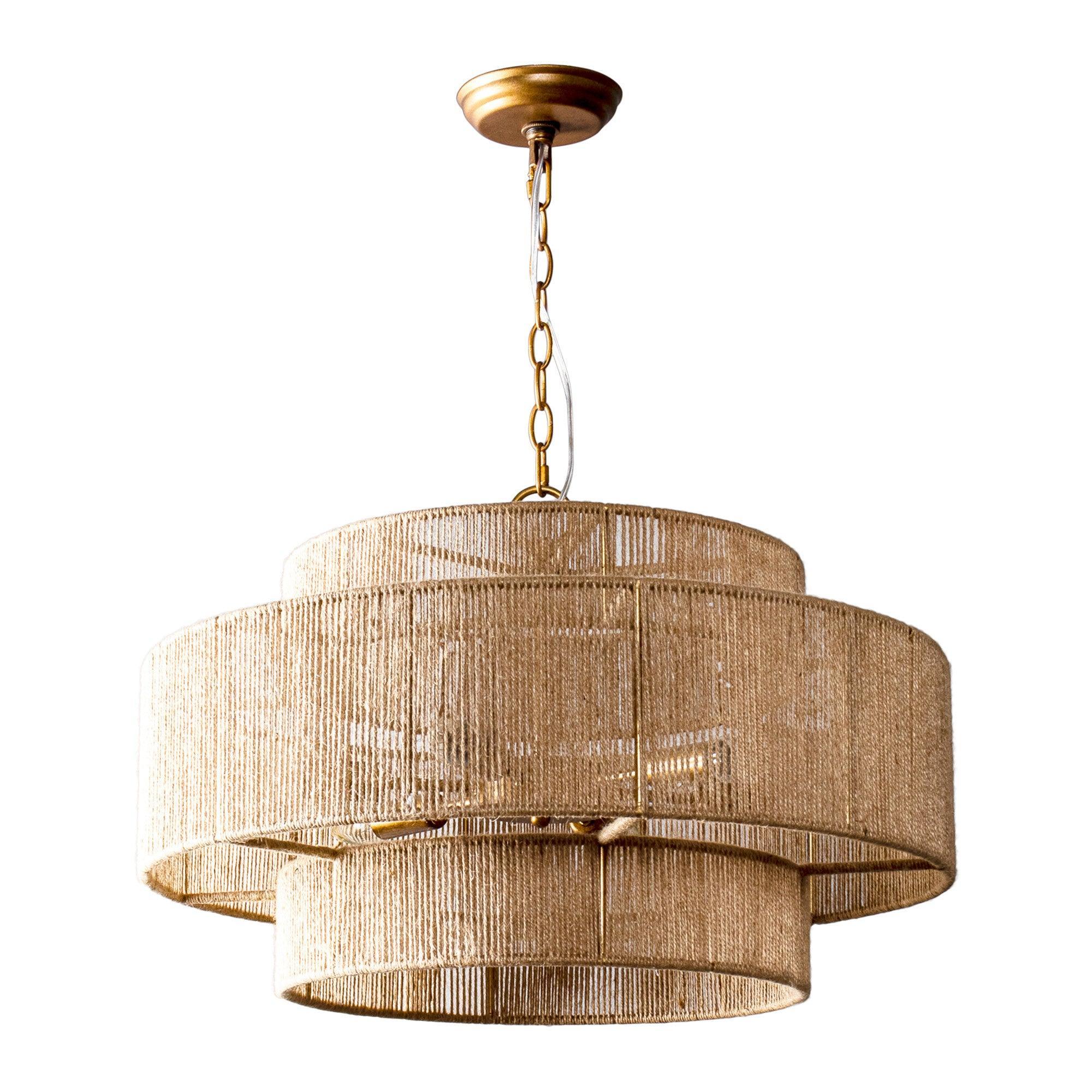 Bohemian Antique Gold 6-Light Drum Pendant Light with Natural Rope