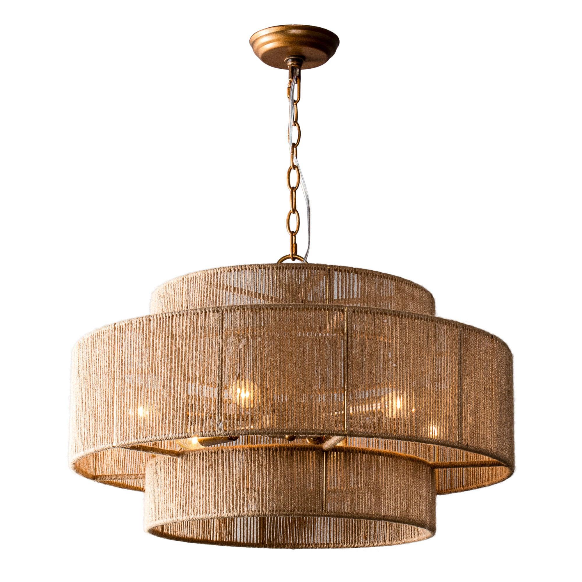 Bohemian Antique Gold 6-Light Drum Pendant Light with Natural Rope