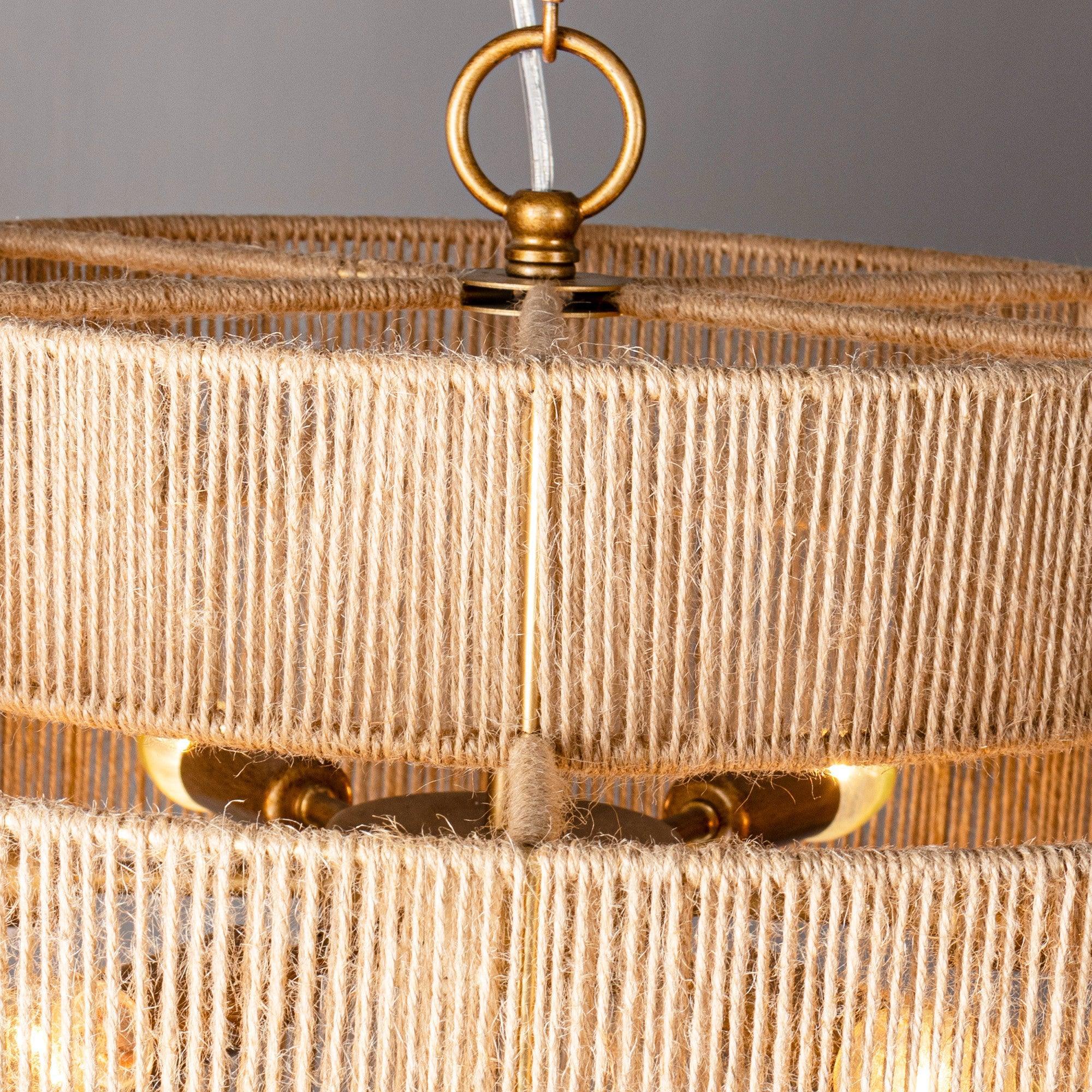 Bohemian Antique Gold 6-Light Drum Pendant Light with Natural Rope