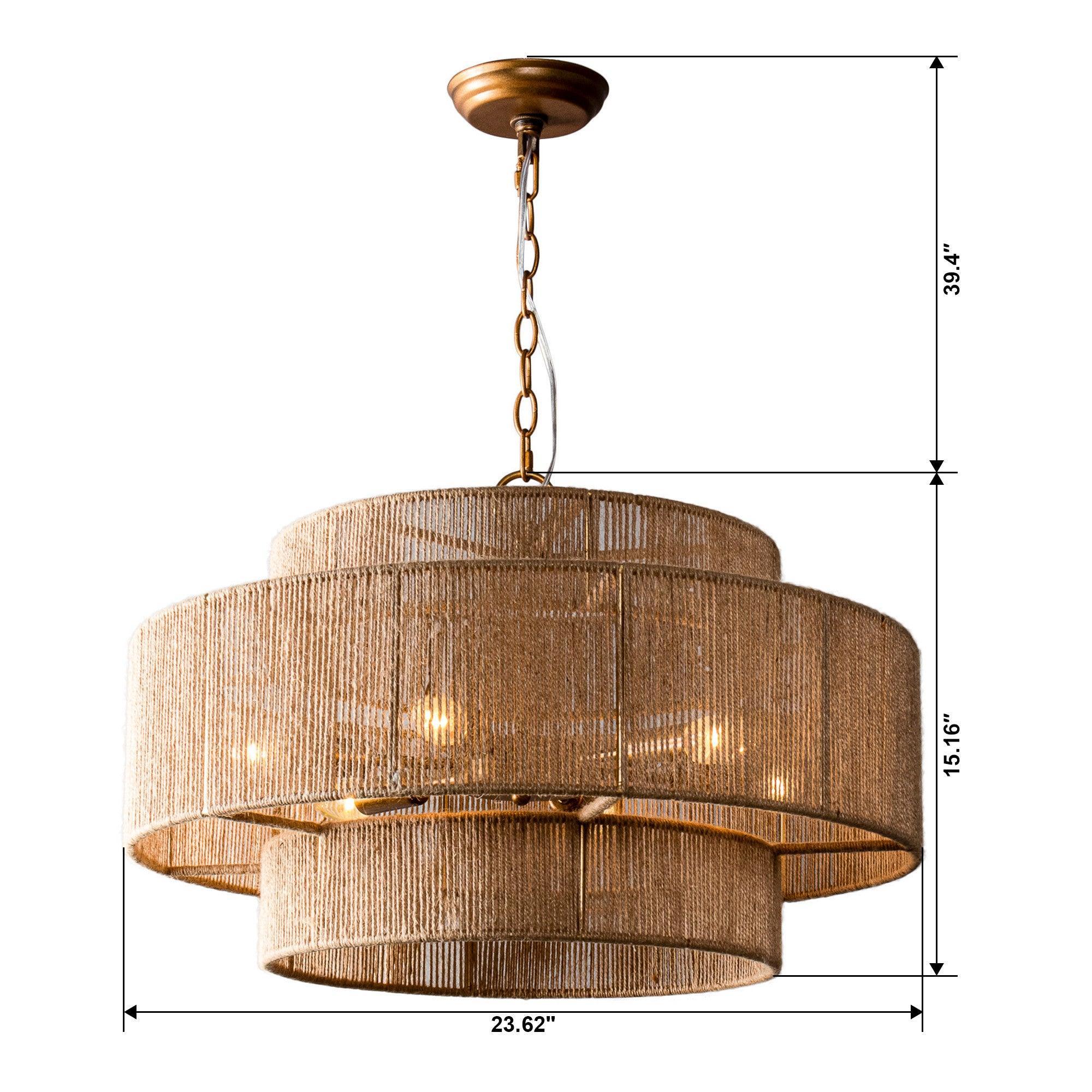 Bohemian Antique Gold 6-Light Drum Pendant Light with Natural Rope