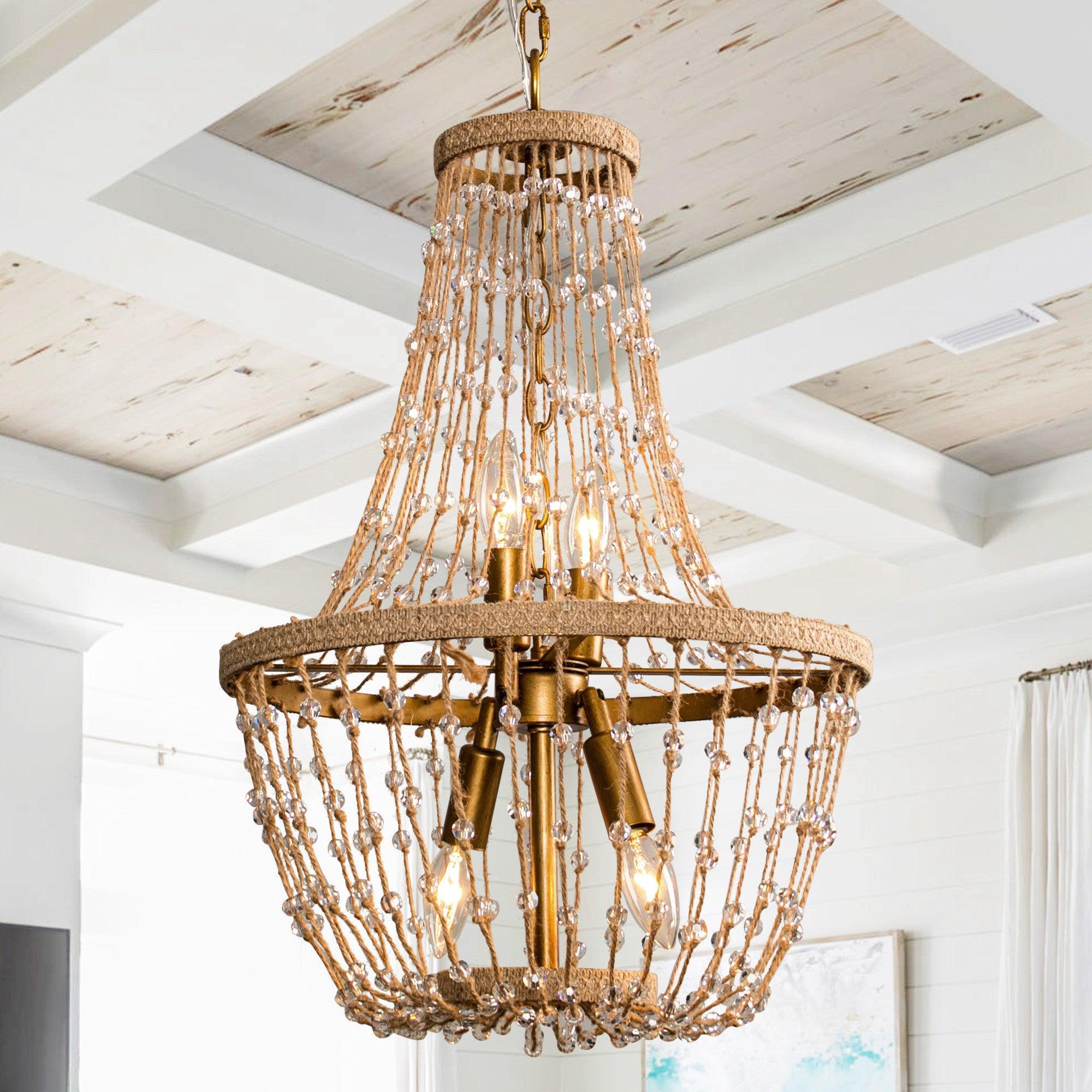 Weathered Wood Modern Beaded 4-Light Chandelier