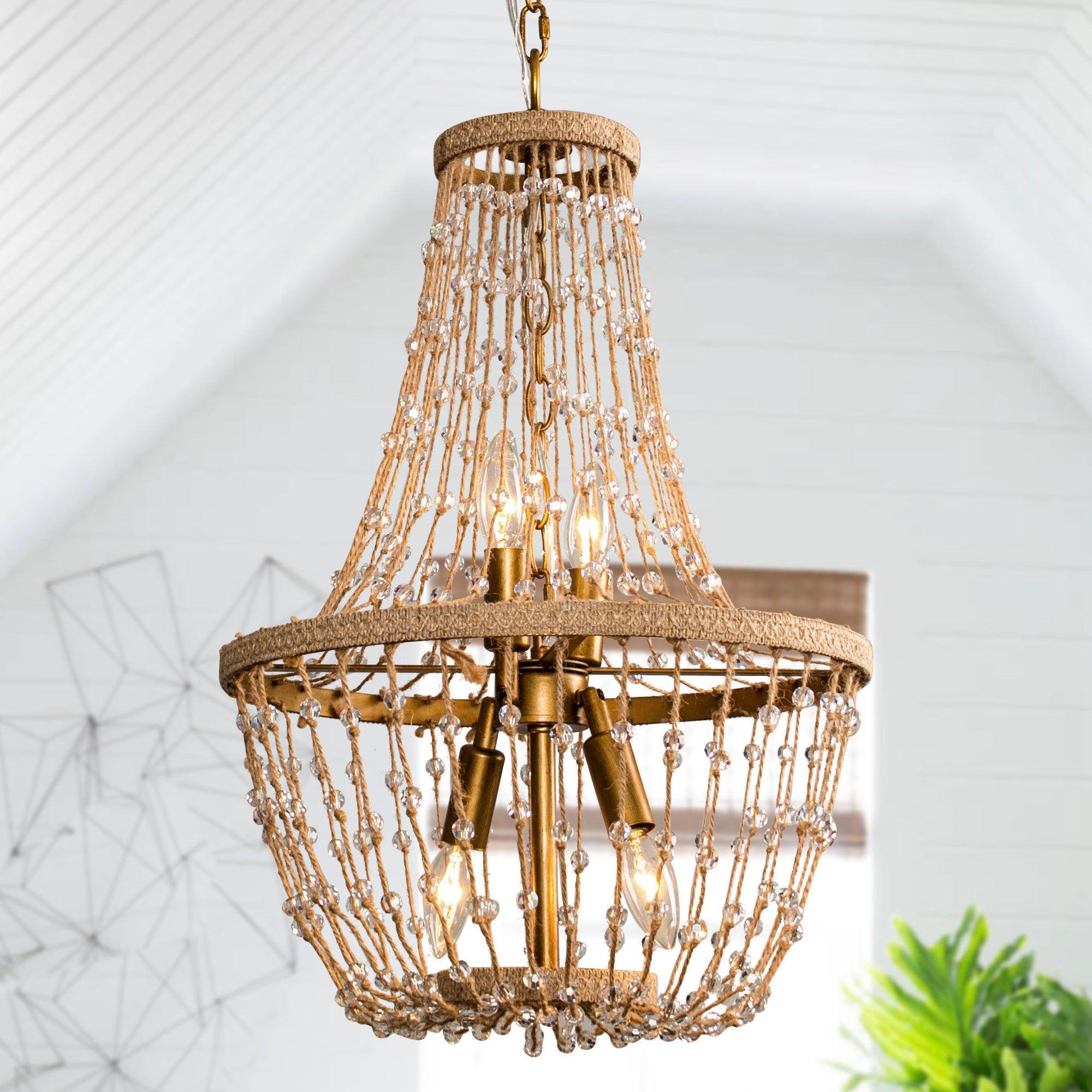 Weathered Wood Modern Beaded 4-Light Chandelier