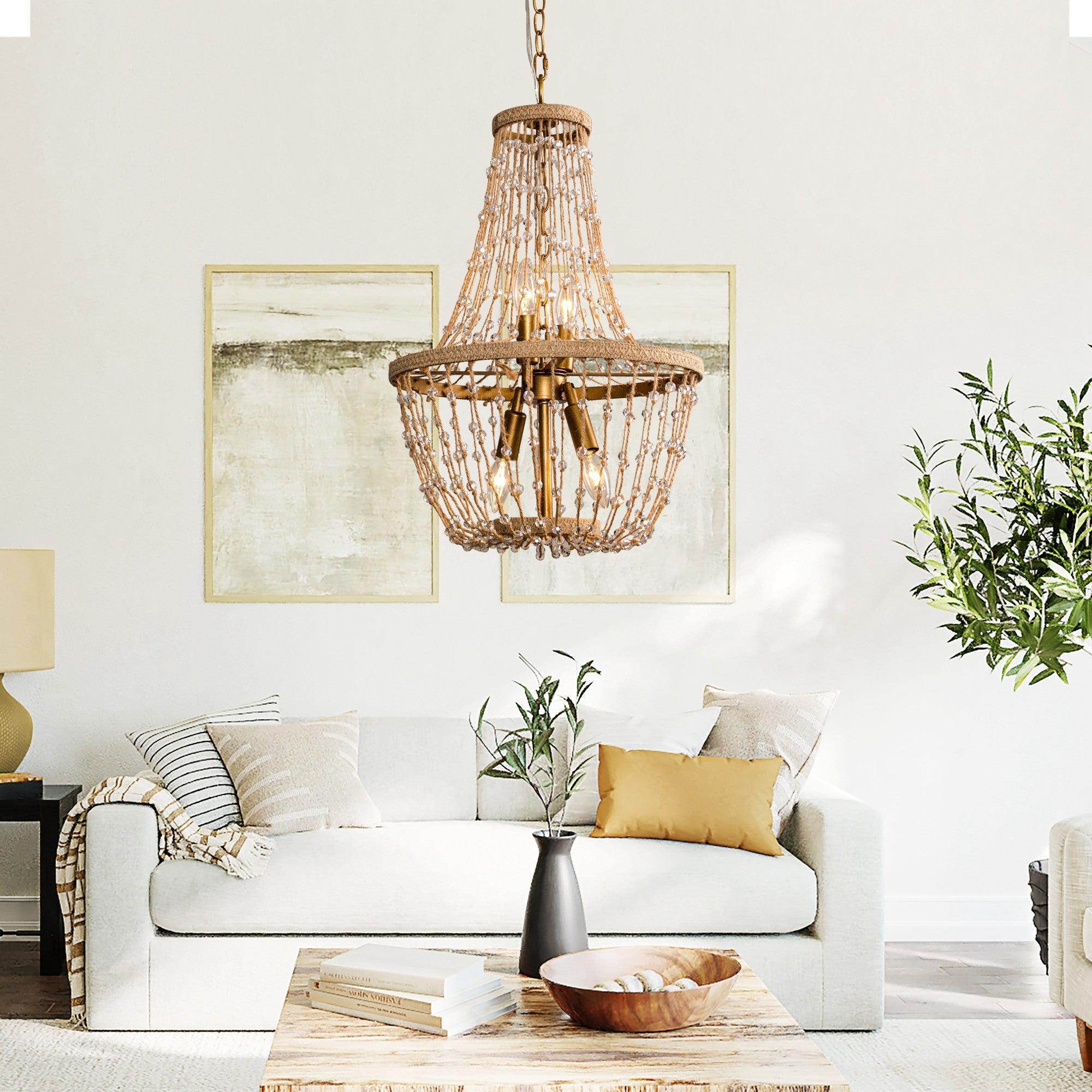Weathered Wood Modern Beaded 4-Light Chandelier